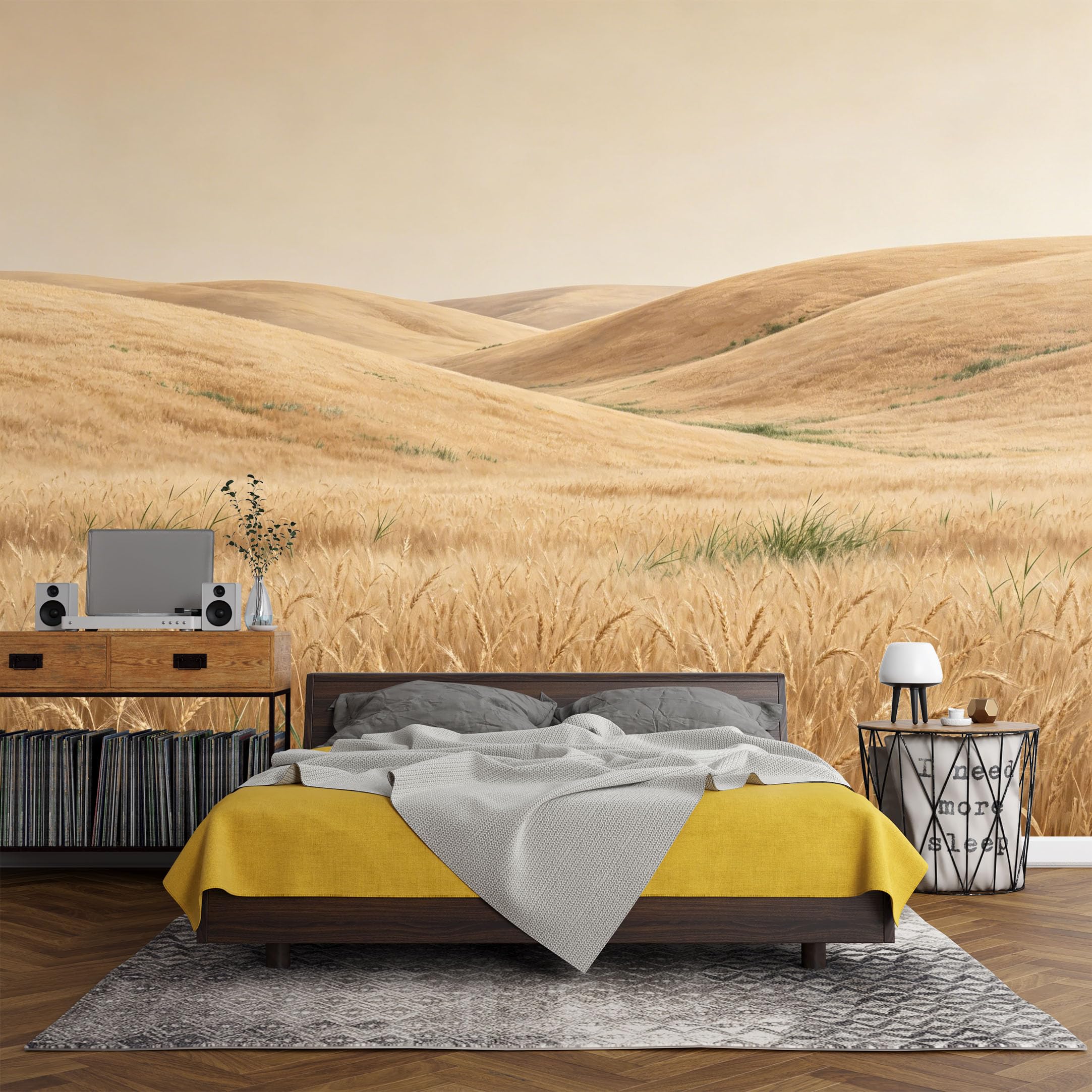 Custom Size Wall Mural， Farmhouse Golden Wheat Field Landscape Rustic Countryside Horizon，SelfAdhesive Art Prints wall Fabric (No PVC) Removable Wallpaper Living Room Decor