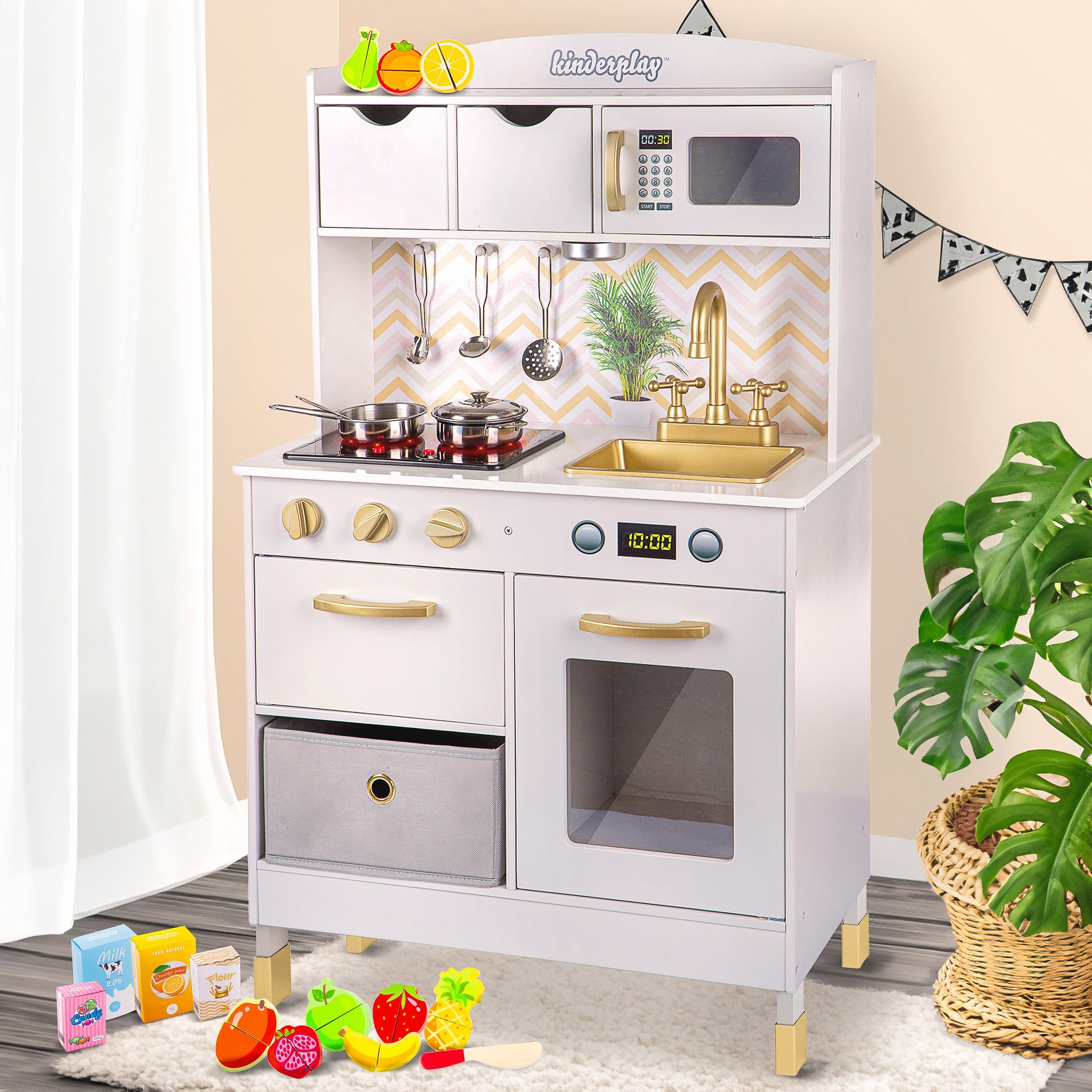 Kinderplay Cucina Giocattolo in Legno – Luci LED & Suoni Realistici – Altezza Regolabile 92–107 cm – Accessori Inclusi & Frutta da Tagliare – 60x30 cm – 3+ Anni