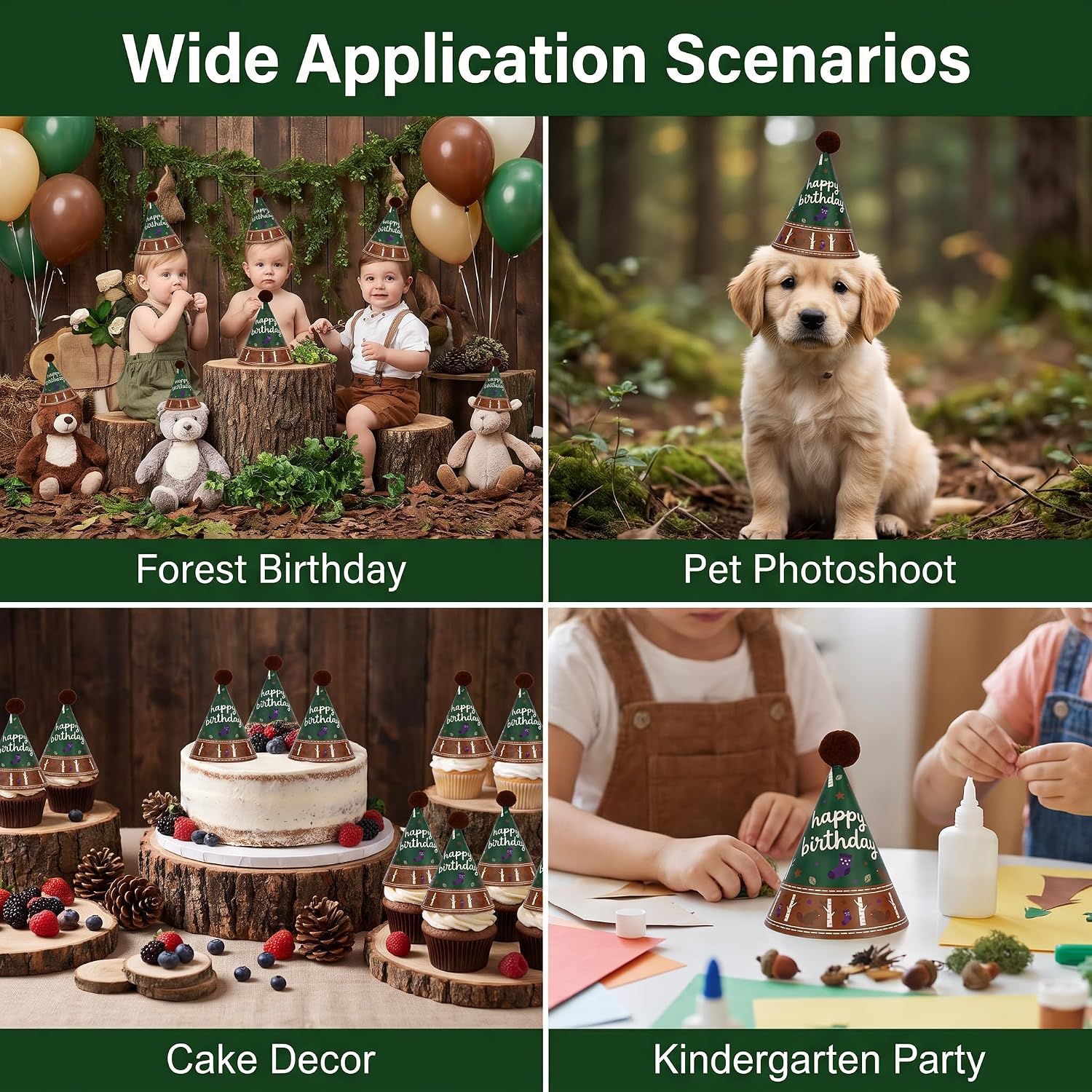 Pre-Assembled Mini Party Hats for Stuffed Animals, Kids & Pets, 12 Pcs Beaver Birthday Hats, Pre-Shaped Paper Cone Caps with Attached Strings, DIY Brown Pom Poms