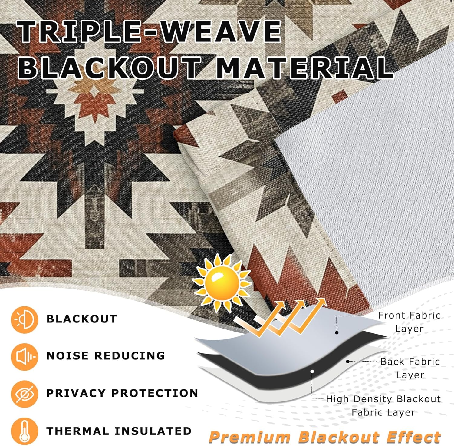 Aztec Blackout Curtains 63 Inch Length - Southwestern Native American Rustic Curtains for Bedroom Living Room, Room Darkening Grommet Drapes Patterned Window Treatments, 2 Panel Set