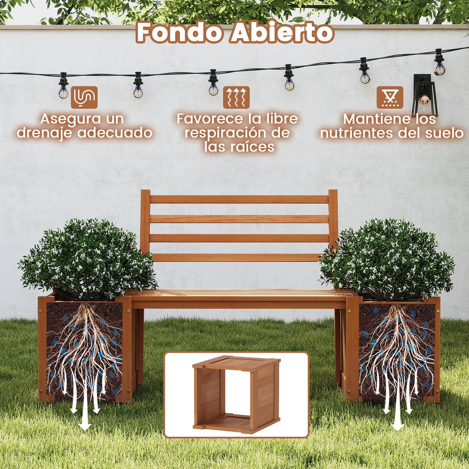 COSTWAY Jardinera de Madera con Banco, Banco Jardin Exterior con 2 Maceteros y Respaldo, Cama de Jardín Elevada con Base Abierta y Acabado de Aceite de Teca, Macetero Grande Decorativo, 172x46,5x91 cm