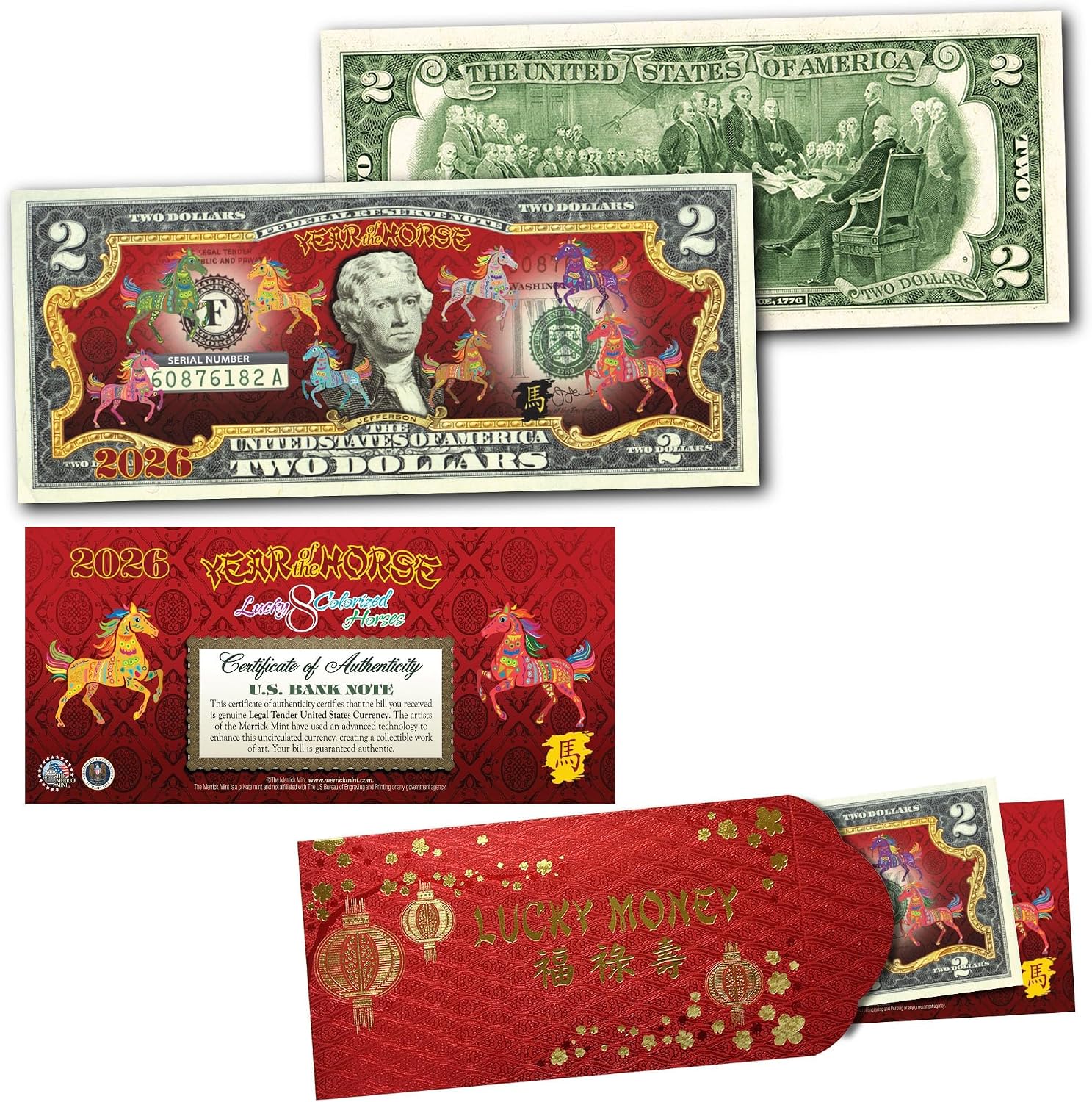 Merrick Mint 2026 Chinese Lunar New Year Year of The Horse Polychrome with Red Envelope Colorized Two Dollar Federal Reserve Note Display Holder and Certificate