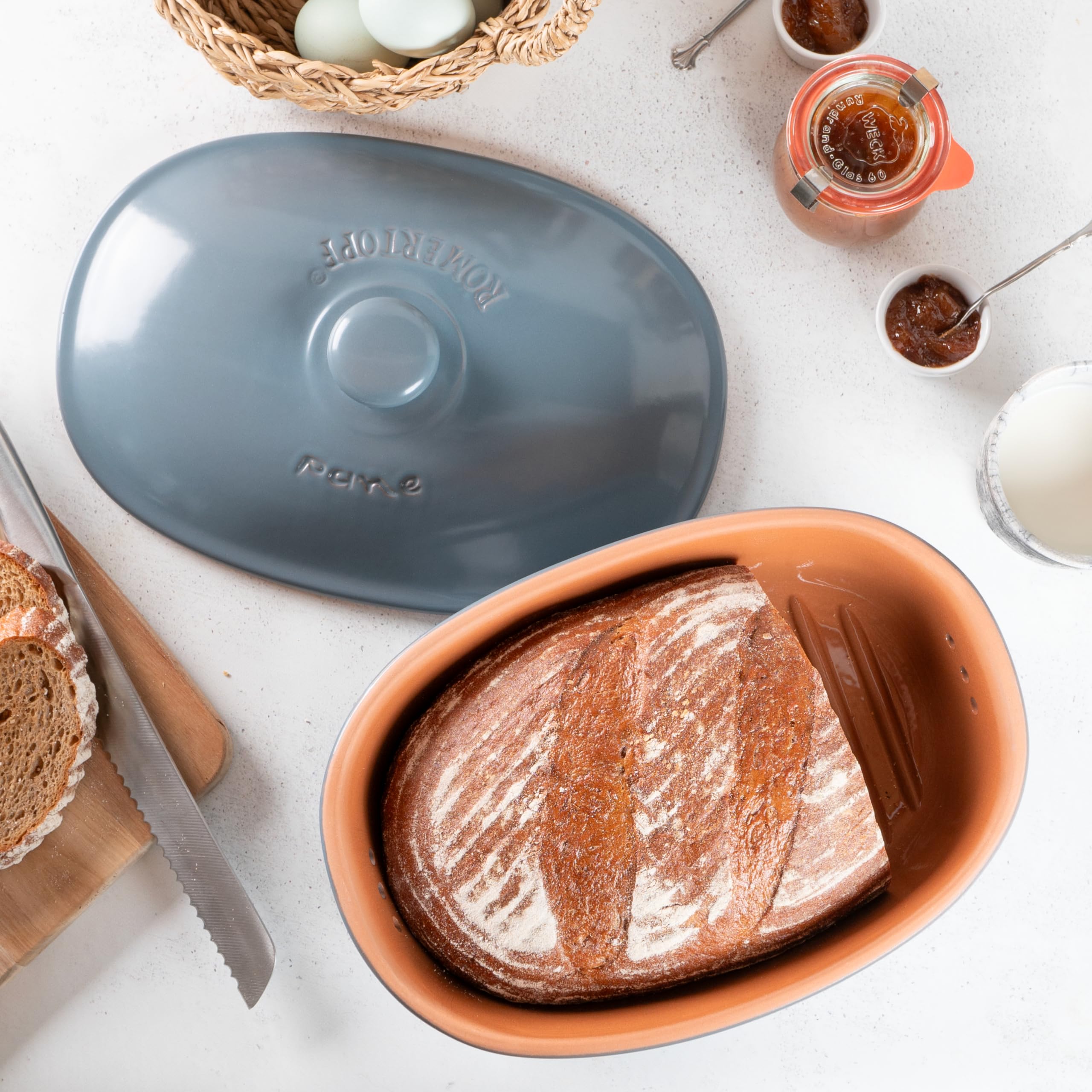 Römertopf Naturalny ceramiczny garnek do chleba, idealny do przechowywania chleba i ciastek 30x21x14,5 cm niebiesko-szary