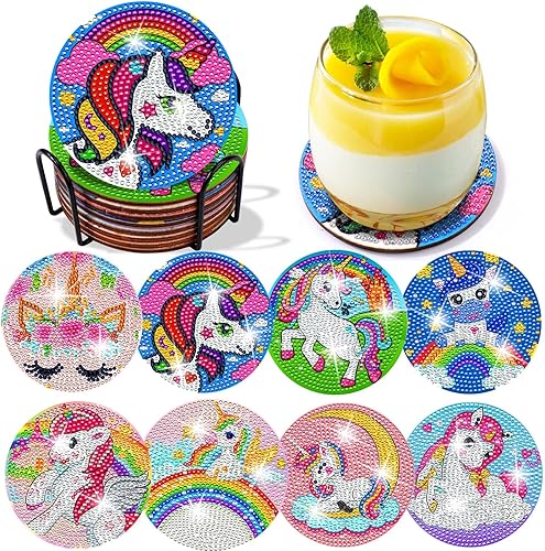 Miniatura 1 de Juome Kits de posavasos de pintura de diamantes 8 piezas de posavasos de arte de unicornio con soporte para adultos niños y principiantes accesorios