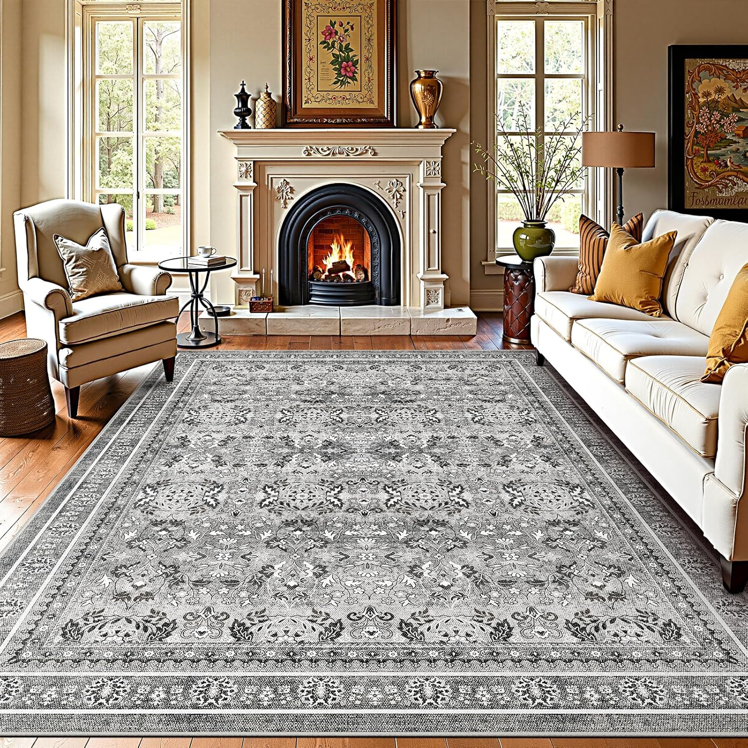 WITSHOCK Boho Rugs for Living Room 8x10 Light Grey: Modern Vintage Traditional Oriental Neutral, Washable Non-Slip Rubber Backing Stain Resistant Large Rug for High Traffic Area - Bedroom Dining Room 8' x 10' (Rectangular) Grey