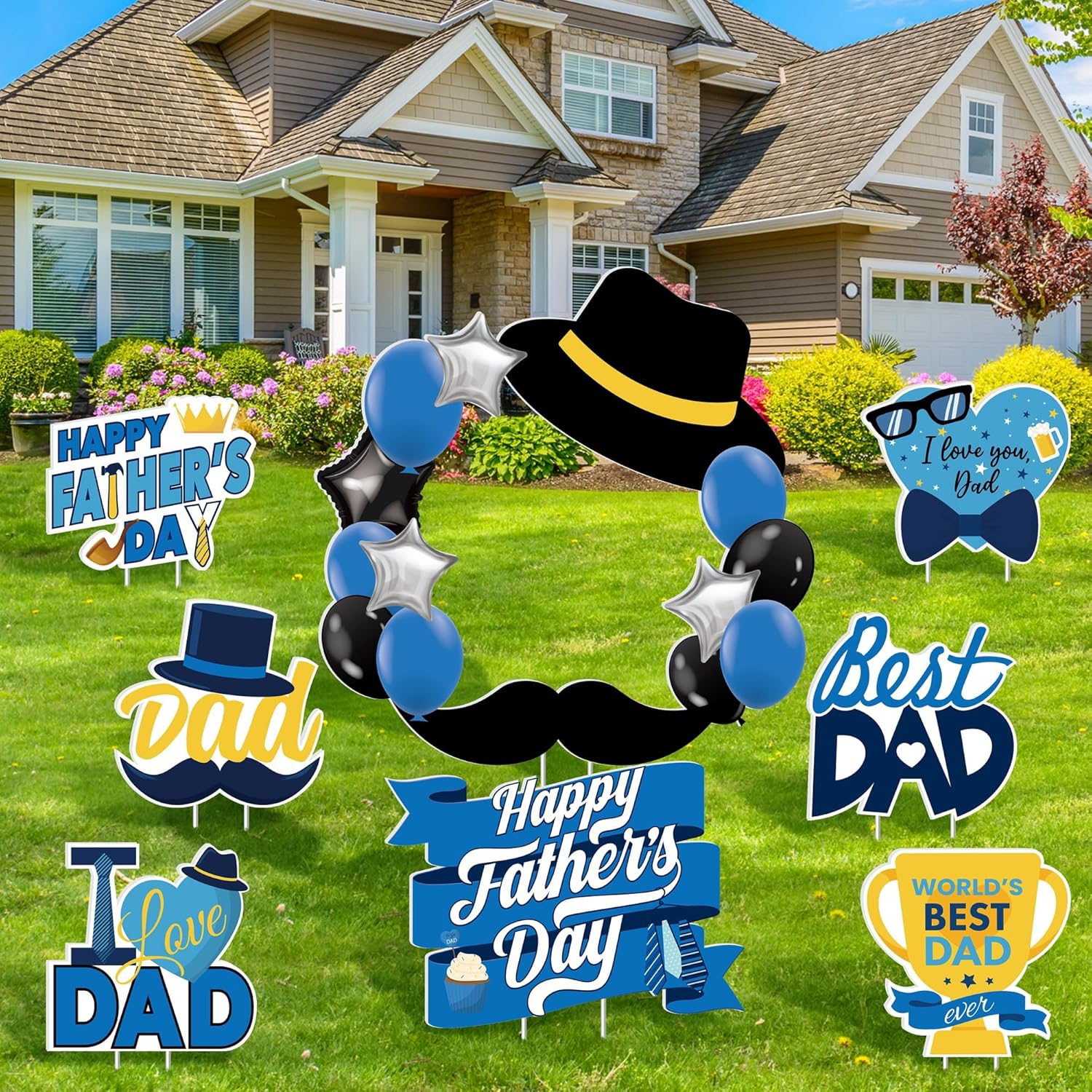 8 Pieces Father's Day Yard Signs with Stakes Happy Father's Day Outdoor Decorations I Love Dad Photo Booth Props Father Day Patio Lawn Decorations for Party