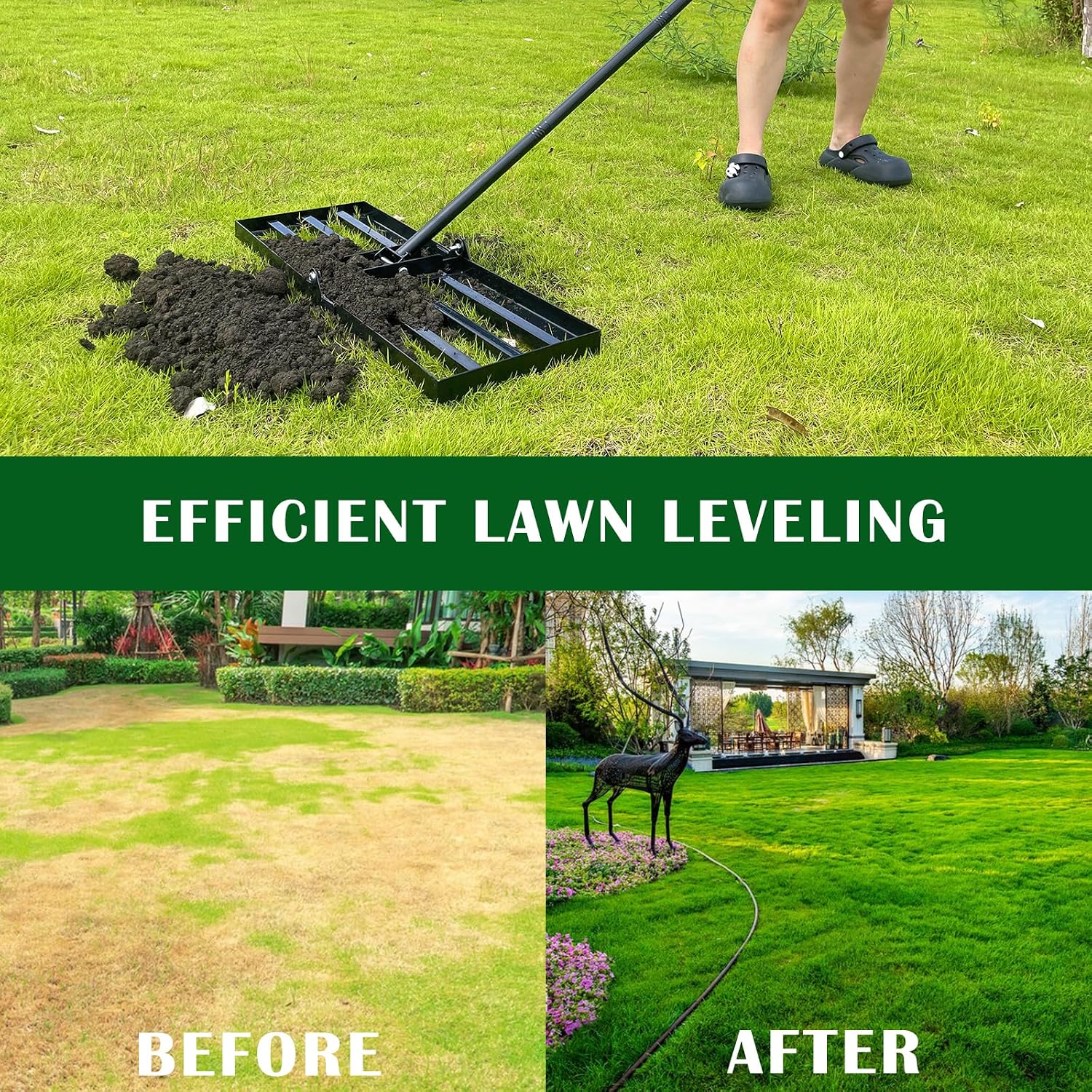 Lawn Leveling Rake, Steel Lawn Leveler with 30"x10" Ground Plate, 78" Adjustable Long Handle, Level Yard Tool for Grass, Golf Field, Level Soil or Dirt Ground, Black