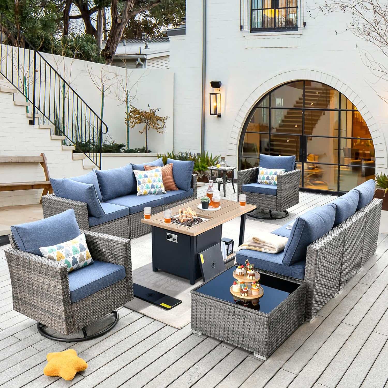CAODOC 11 Piece Outdoor Patio Furniture Set with 53" Fire Pit Table, Wicker Sectional Conversation Set Whit Swivel Chairs,Modern Outside Sofa for Balcony Backyard(Red)