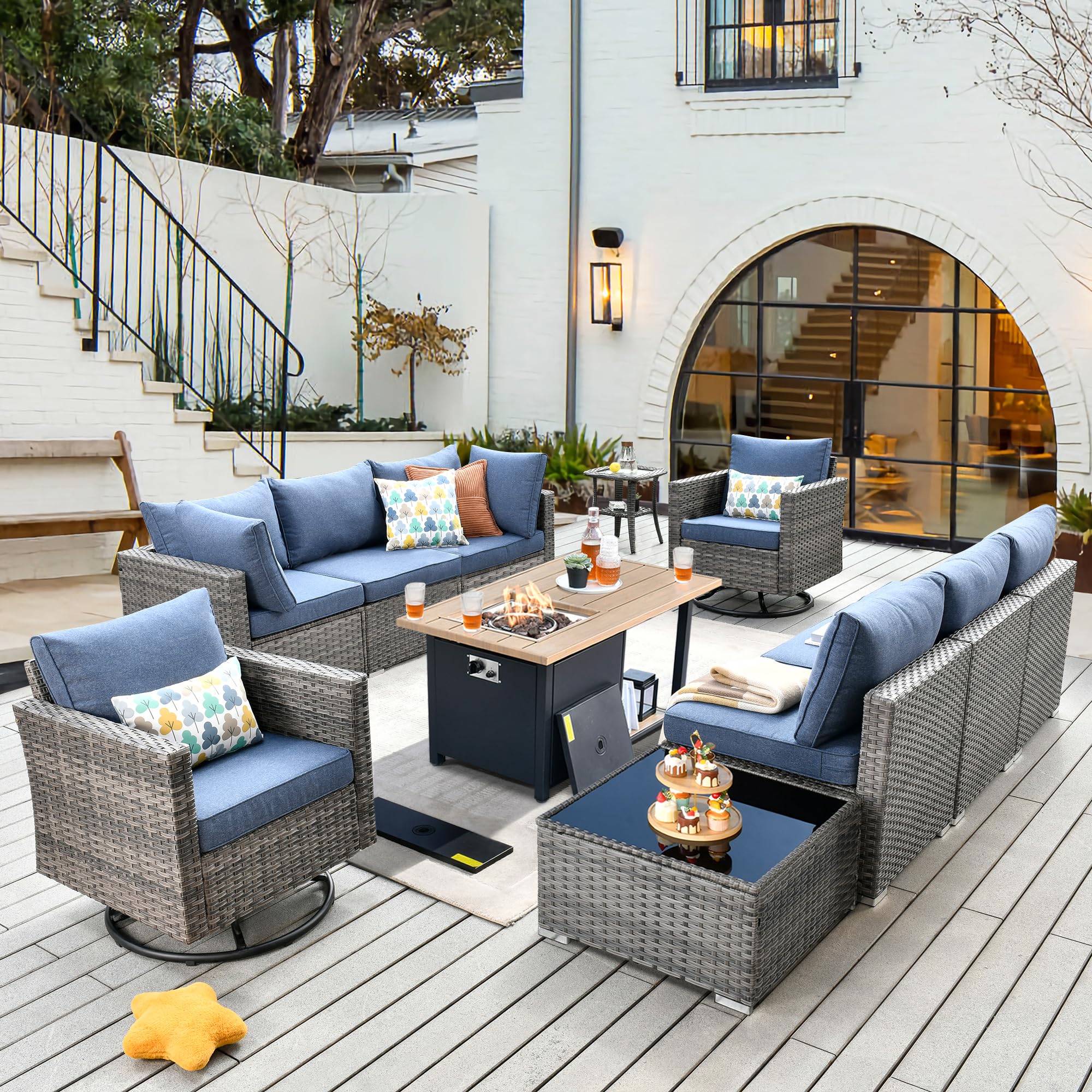 CAODOC 11 Piece Outdoor Patio Furniture Set with 46" Fire Pit Table, Wicker Sectional Conversation Set Whit Swivel Chairs,Modern Outside Sofa for