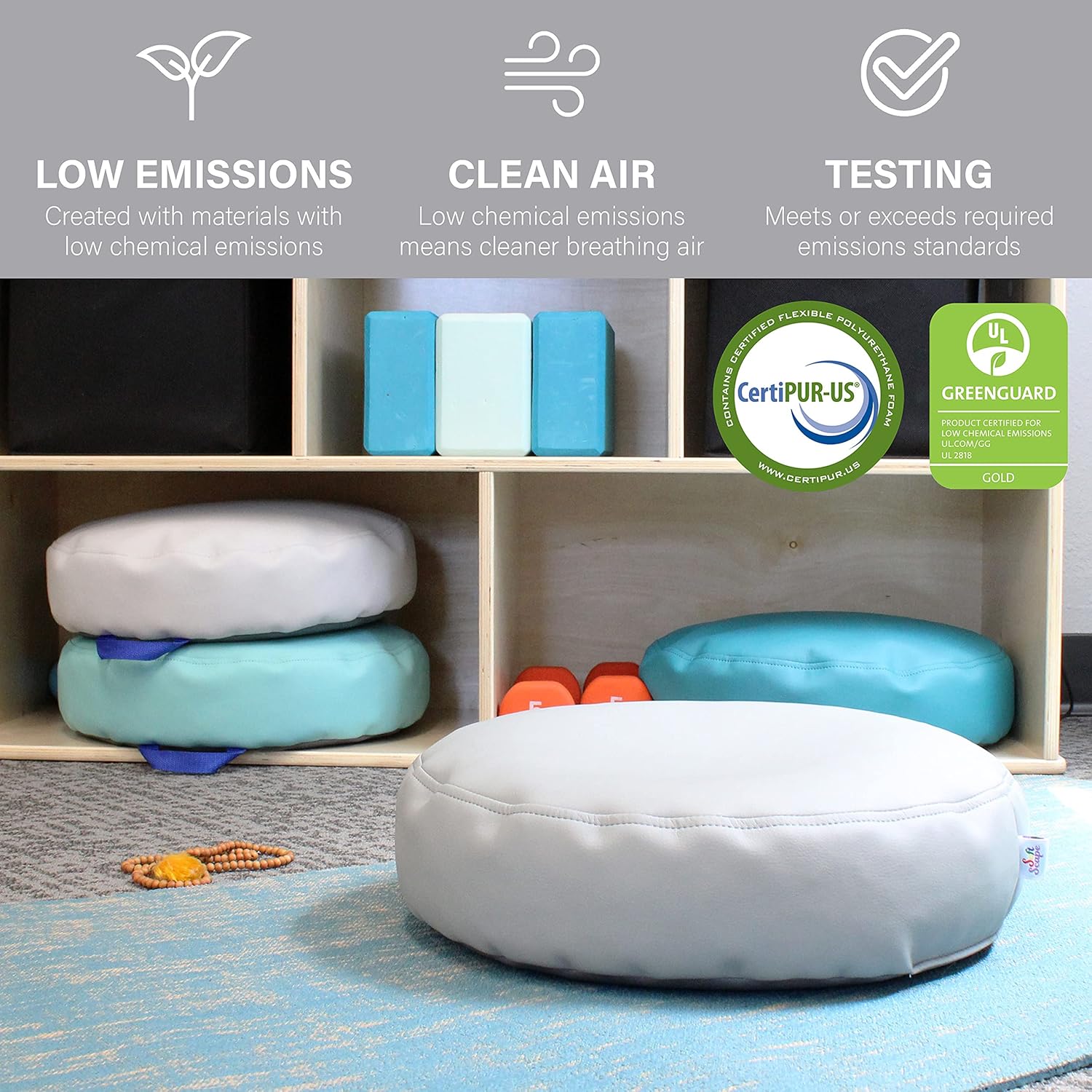 FDP SoftScape 15 inch Round Bean Floor Cushions with Handles Flexible Seating for Home, Daycare, Preschool, Classroom, Yoga and Meditation, 4 inch Height (4-Piece) - Navy/Powder Blue