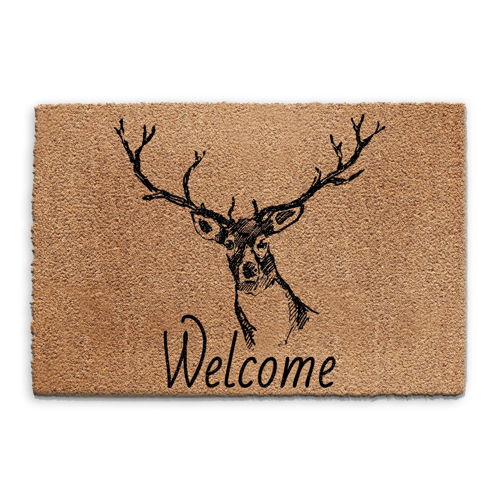 Hairyworm Deer Welcome Doormat (40cm x 60cm) Small, Stag Front Entrance Door Mat, Coconut Core Fibre Heavy Duty Mat, Rug, Indoor Natural Coir Mat, Regular