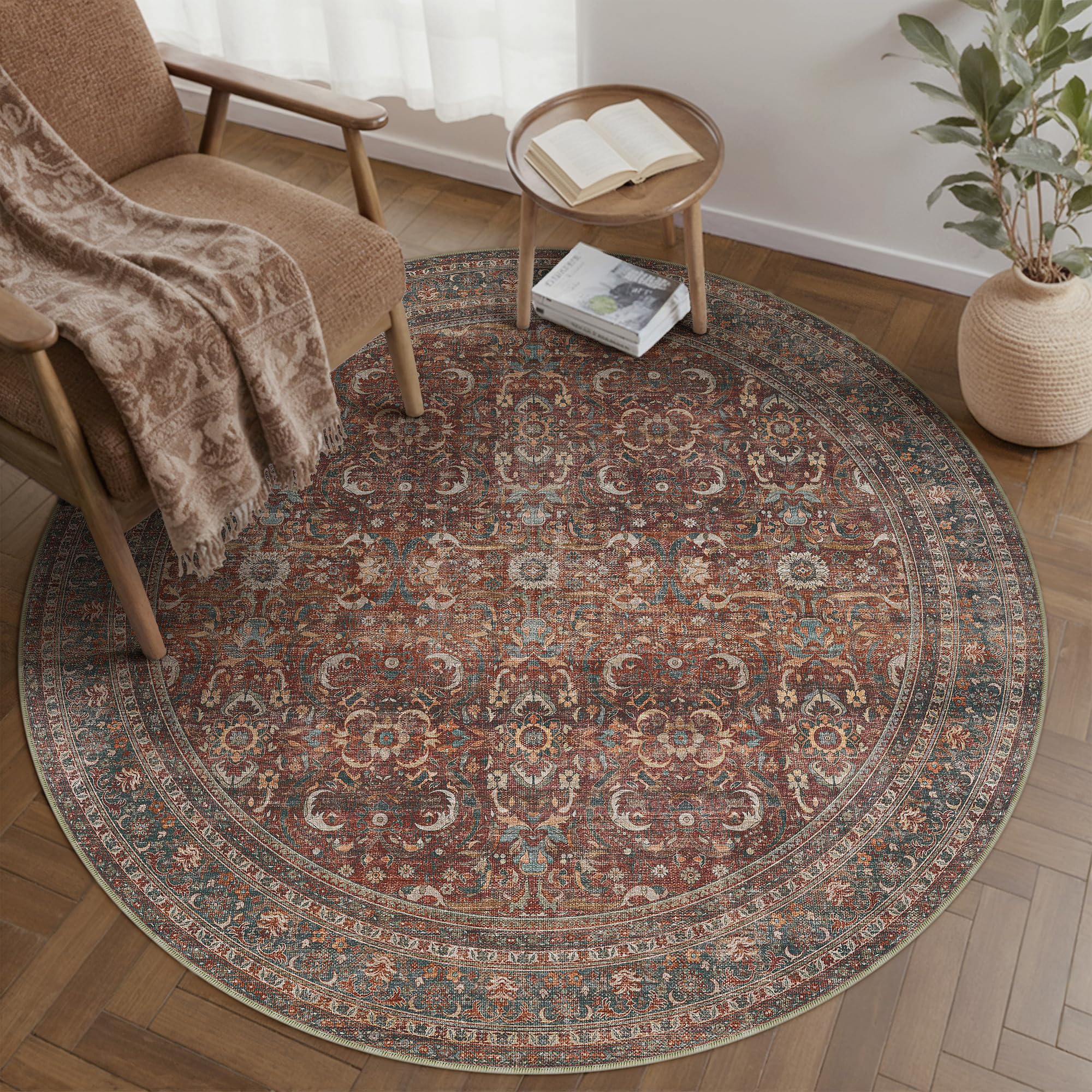 hugear 5ft round rug entryway rugs machine washable brick red hallway area rug 5x5 small circle floral low pile carpet vacuumable throw rug living room laundry entrance non slip soft lightweight