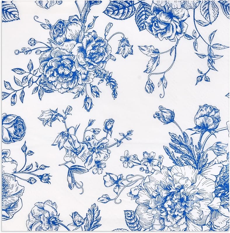 Servilletas de cóctel florales azules, paquete de 120 servilletas de papel desechables | Servilletas de bebidas para fiestas de té, bodas, despedidas de soltera, decoración de jardín