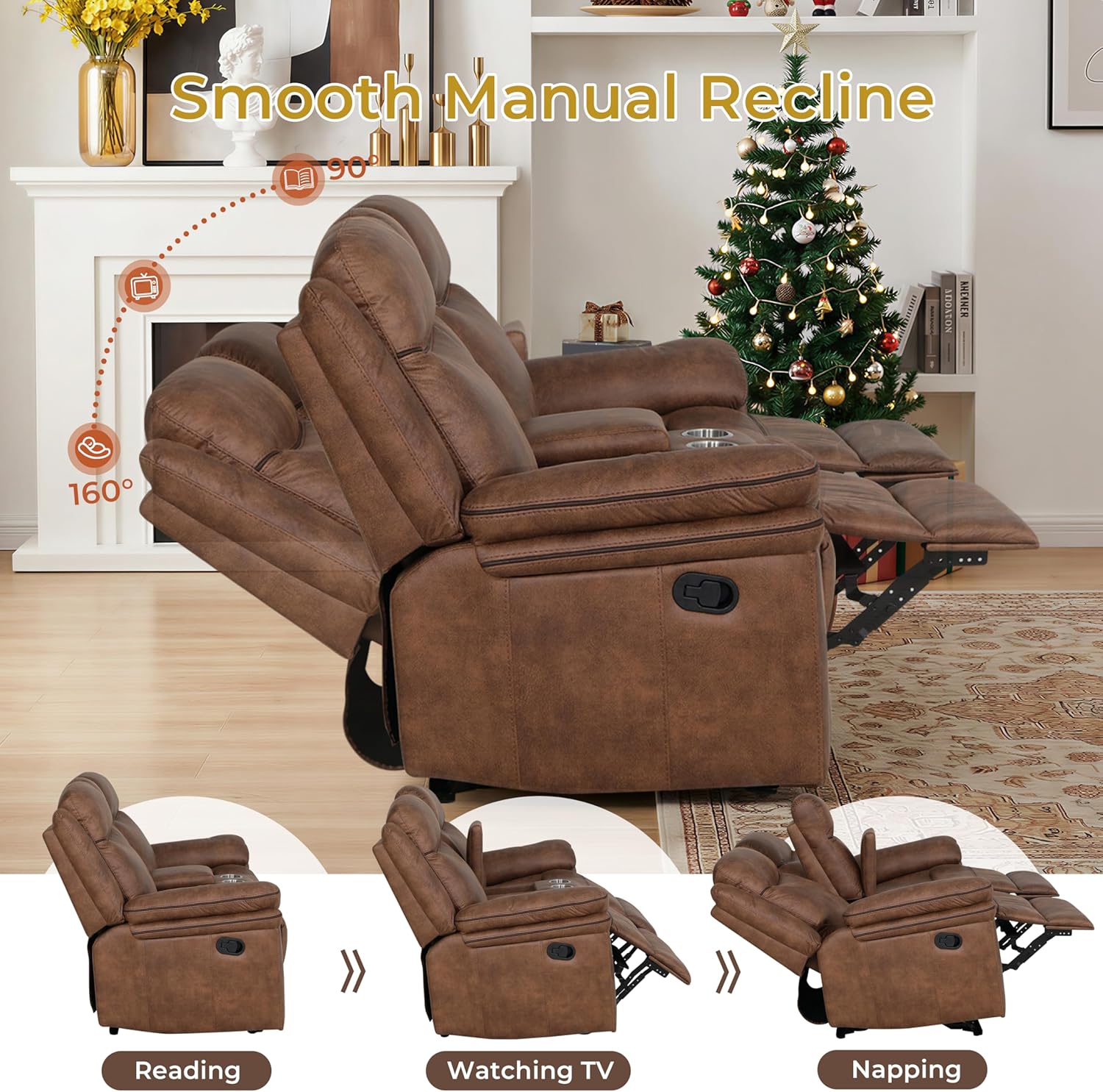 Faux Leather Rocking Loveseat Recliner with Console, Dual Reclining Sofa with Storage, 2 Cup Holders, USB Charging Ports & Power Outlets for Living Room, Meeting Room