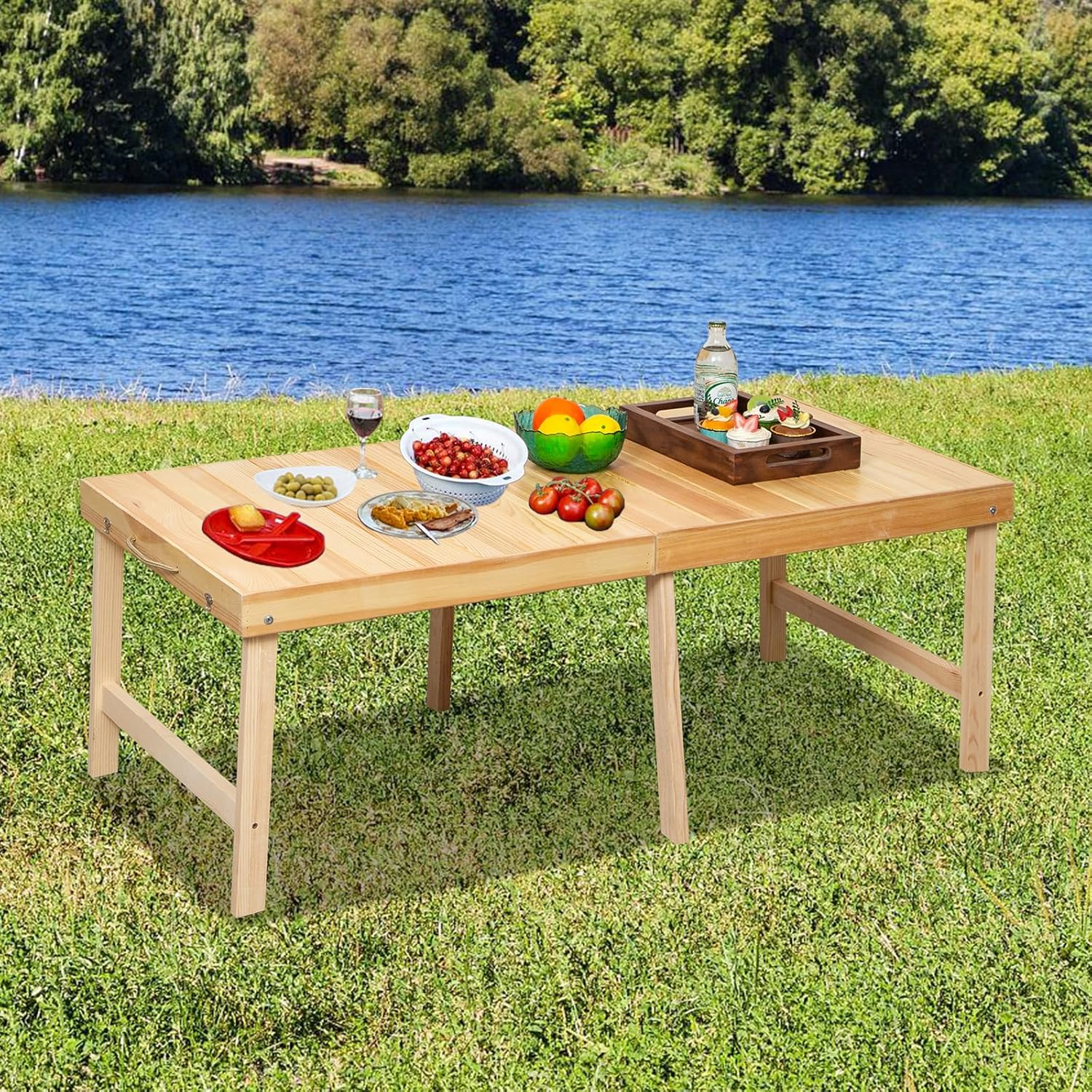 Foldable Boho Wooden Picnic Table, No Assembly Required Portable Outdoor Indoor Low Picnic Table for Floor Seating, Beach, Camping, BBQ, Backyard, 48" x 24", Seats 4–6 People