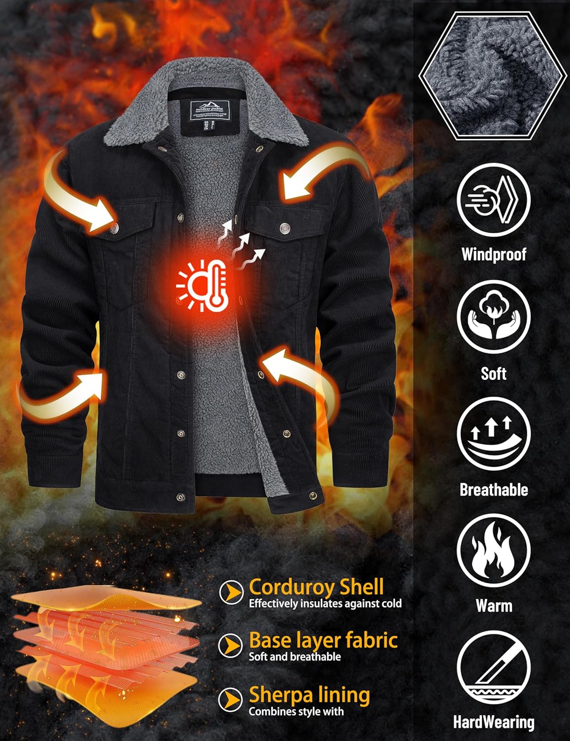 TACVASEN Men's Corduroy Jacket Fleece Sherpa Lined Winter Coats Warm Cotton Casual Trucker Cargo Jacket with Multi Pockets - Image 4