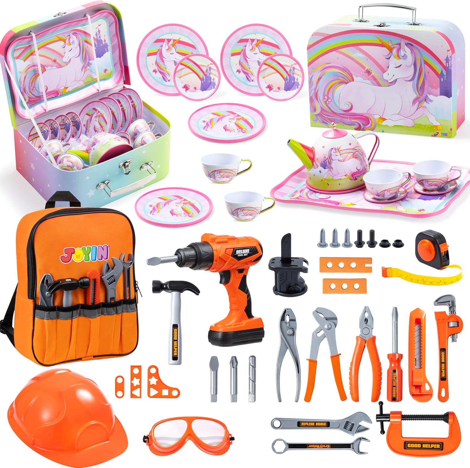 JOYIN Unicorn Tea Set and 32PCS Kids Tool Set, Toddlers Tea Party Set for Children Kids Pretend Role Play Tin Teapot Set, Pretend Role Play Toddler Tool Toys with Construction Backpack Costume