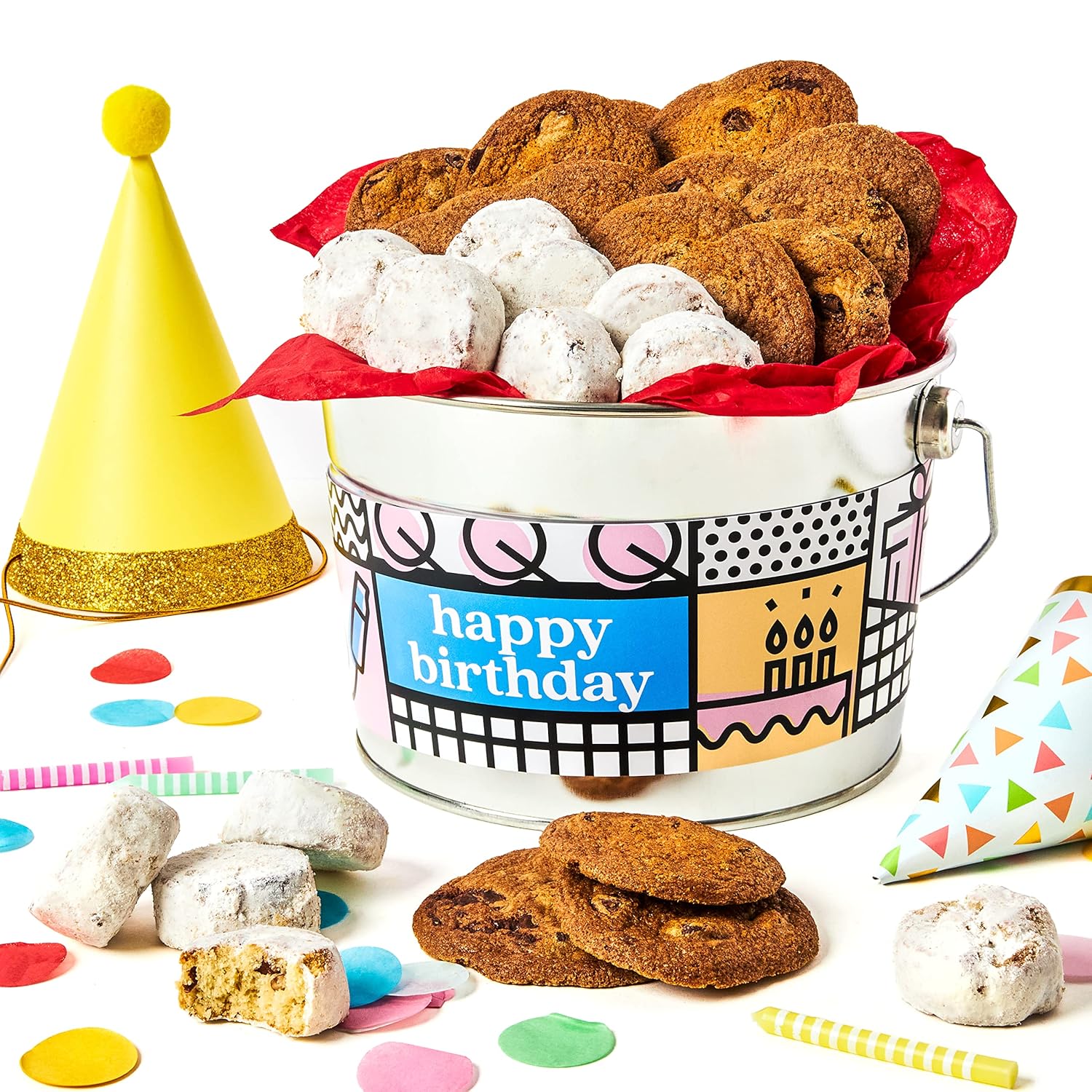 David’s Cookies Happy Birthday Cookies Bucket with Thin Crispy Cookies and Butter Pecan Meltaways Treats - Gourmet Cookies Gift Basket - Ideal Birthday Gift For Everyone