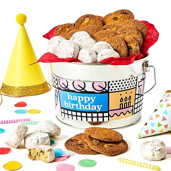Davids Cookies Happy Birthday Cookies Bucket with Thin Crispy Cookies and Butter Pecan Meltaways Treats - Gourmet Cookies Gift Basket - Ideal Birthday Gift For Everyone