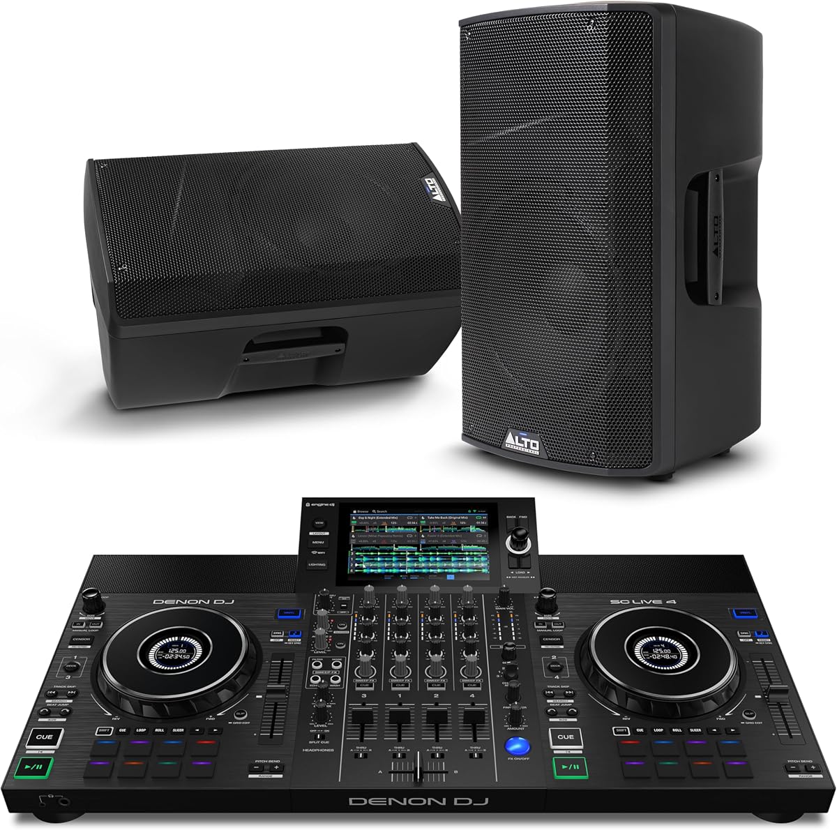 Controlador de DJ Denon DJ SC Live 4 y par de altavoces PA autoamplificados ALTO TX412B para música en vivo, sesiones de DJ, eventos y producción musical