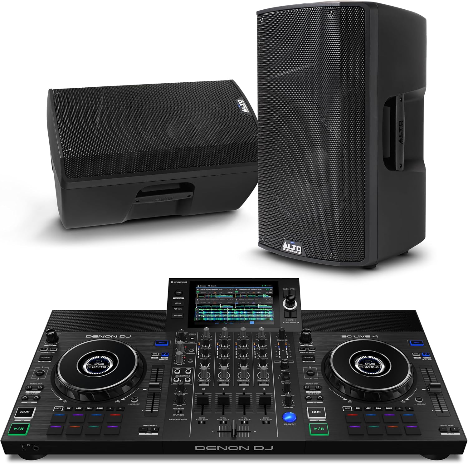Denon DJ SC Live 4 DJ Controller and ALTO TX412B Powered PA Speakers Pair for Live Music, DJ sets, Events, Music production