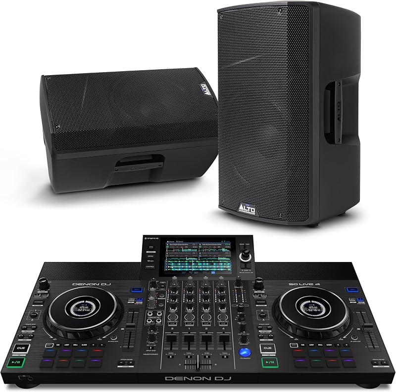 Controlador de DJ Denon DJ SC Live 4 y par de parlantes PA autoamplificados ALTO TX412B para música en vivo, sesiones de DJ, eventos y producción musical