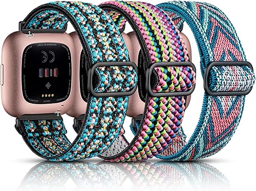Miniatura 13 de Maledan Paquete de 3 bandas elásticas compatibles con correas Fitbit Versa para mujeres y hombres, correa de nailon elástica ajustable para reloj
