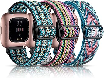 Maledan 3 Pack Elastic Solo Loop Compatible with Fitbit Versa 2 Bands for Women Men, Adjustable Stretchy Nylon Solo Loop Strap Wristbands for Fitbit Versa/Lite, Boho Green/Green Arrow/Colorful
