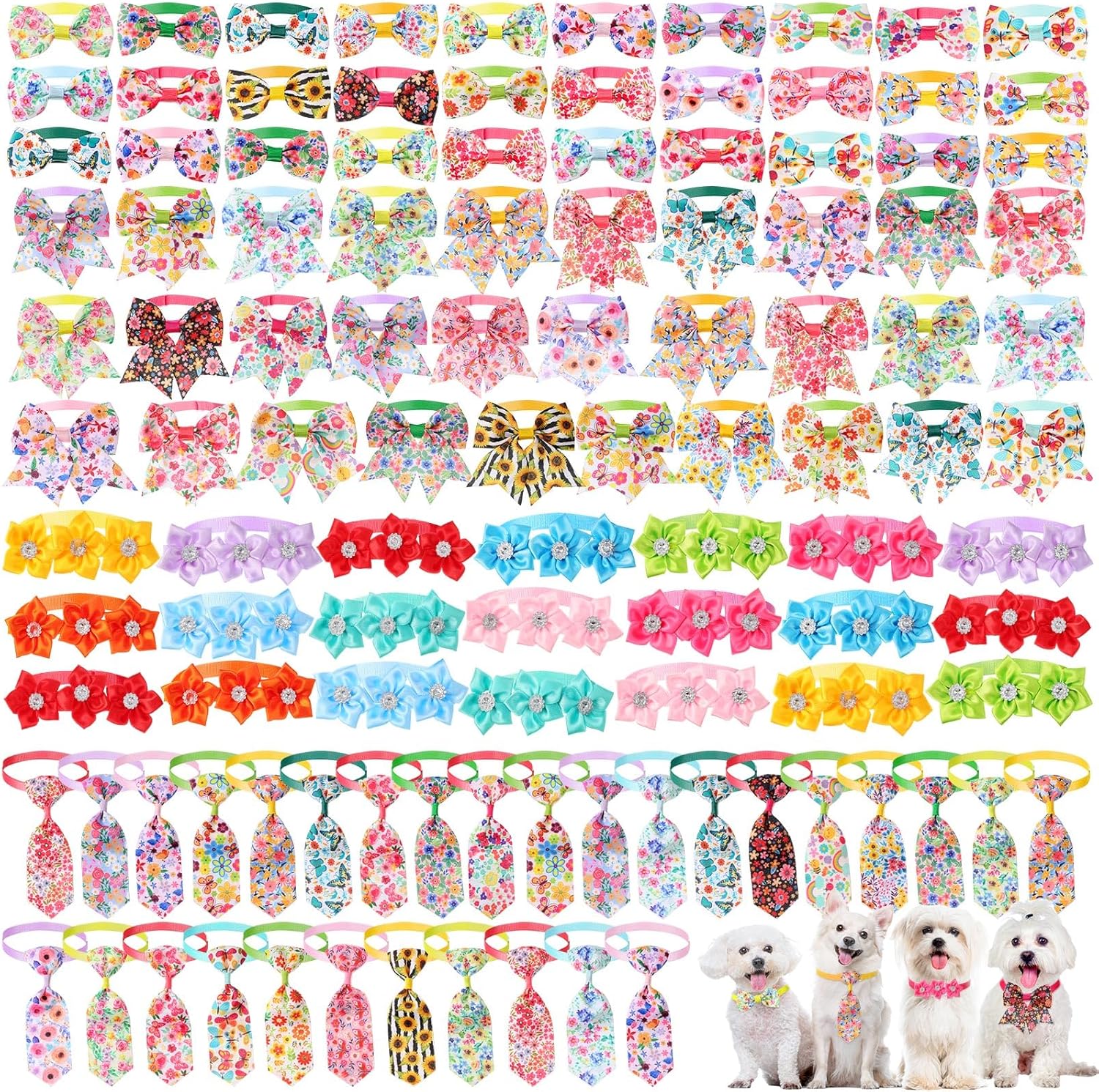 Reginary 100 Pcs Dog Bow Ties Collars Bulk pet Flower Collar Adjustable Dog Bowties Floral cat Grooming Accessories for Small Medium Puppy Cat Pet Supplies
