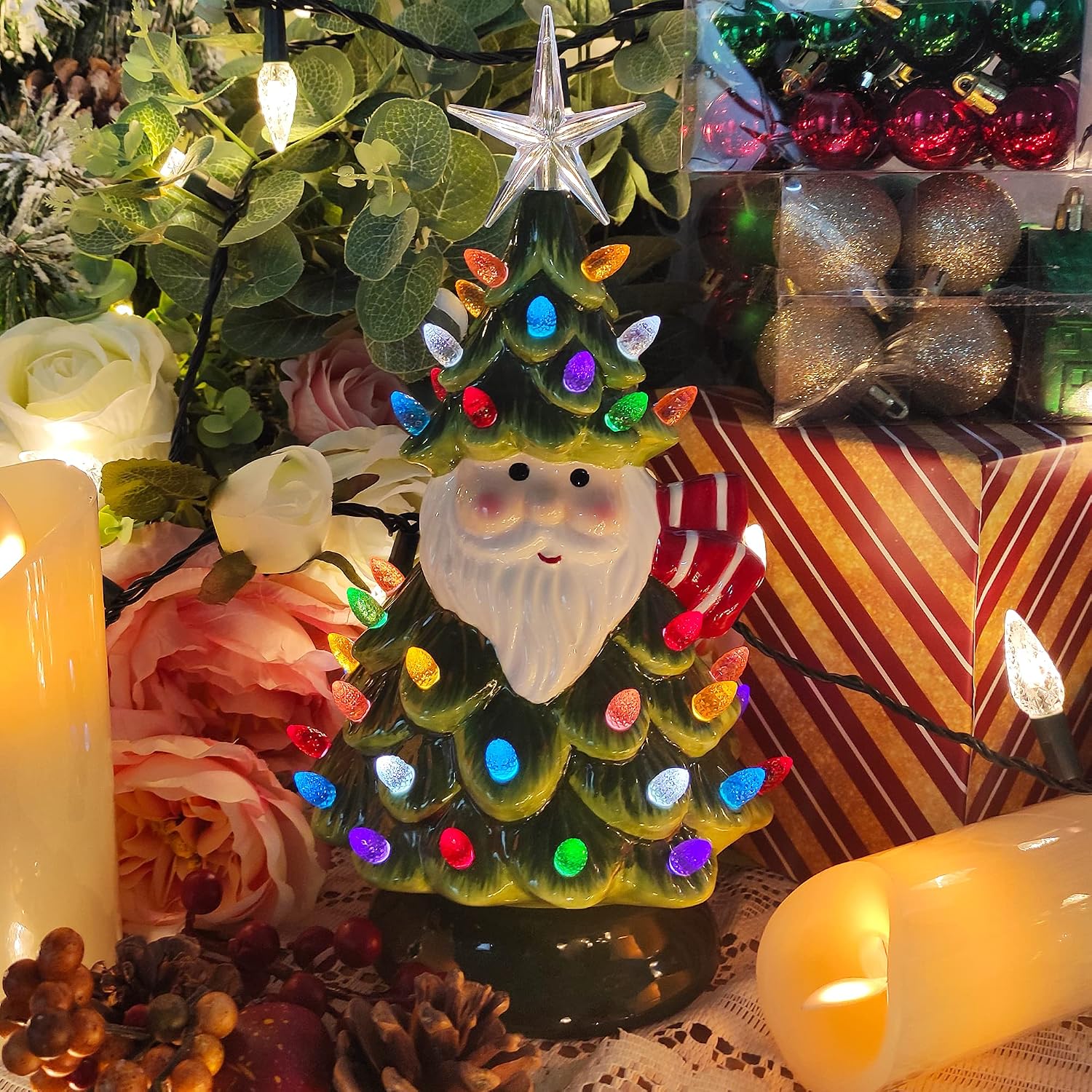 Sunnyglade 11" Ceramic Christmas Tree Tabletop Christmas Tree Lights with 50 Multicolored Lights and 1 Star Toppers for Table Top Desk Classic Series Christmas Decoration