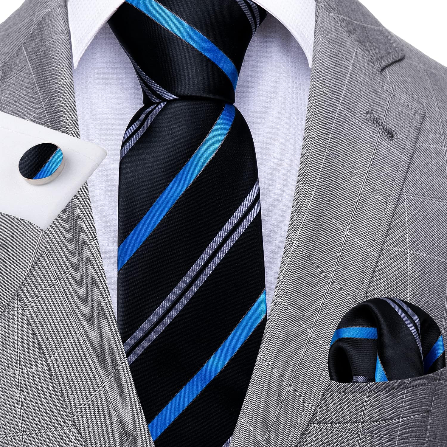 Barry.Wang Designer Classic Ties for Men Set Formal Pocket Square Cufflink Check Plaid - Image 3