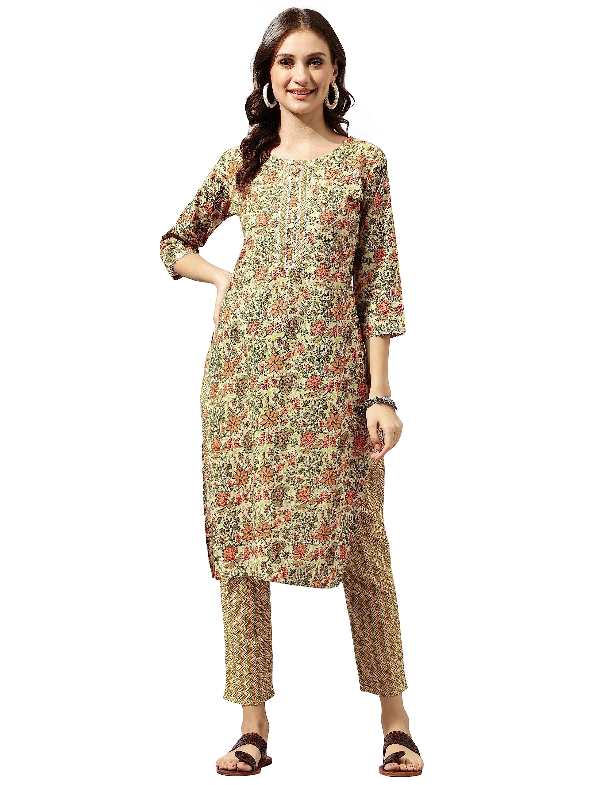 Bewakoof Women's Straight Fit Fancy Rayon Jaipuri Foil Printed Kurta Set with Plazzo Pant in multi