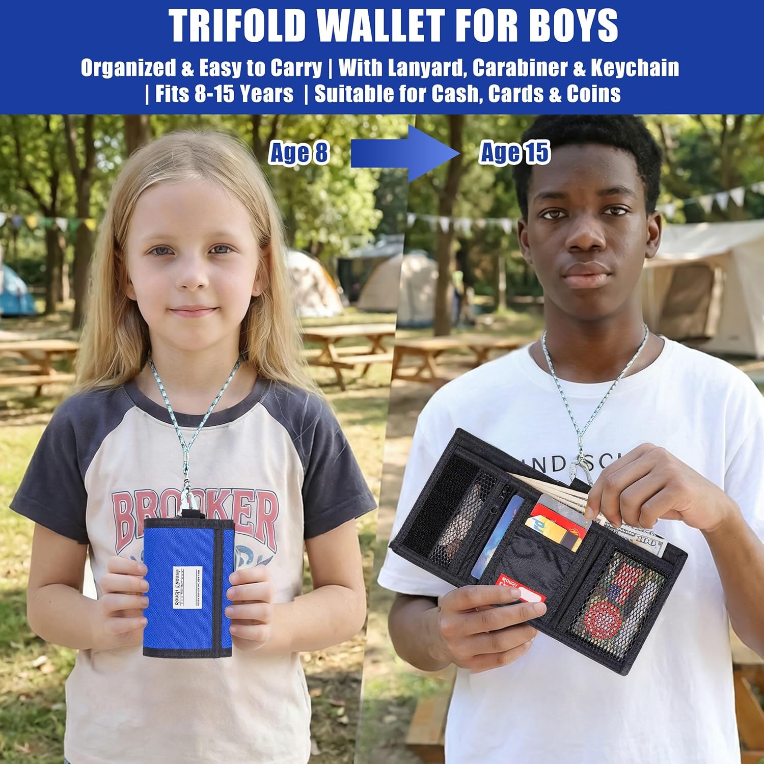 Rough Enough Kids Wallet for Boys Teens Preppy with Neck Lanyard Keychain Cordura Blue - Image 2