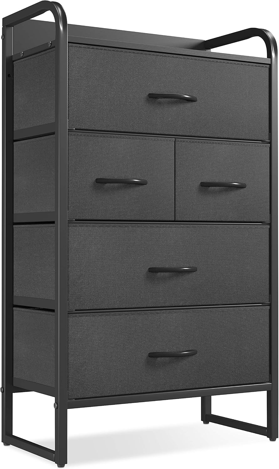CubiCubi Dresser Storage Tower, 5 Drawers Fabric Organizer Unit for Bedroom Hallway Entryway Closets, Lingerie Small Dresser Clothes Storage with Sturdy Steel Frame Wood Top, Dark Black