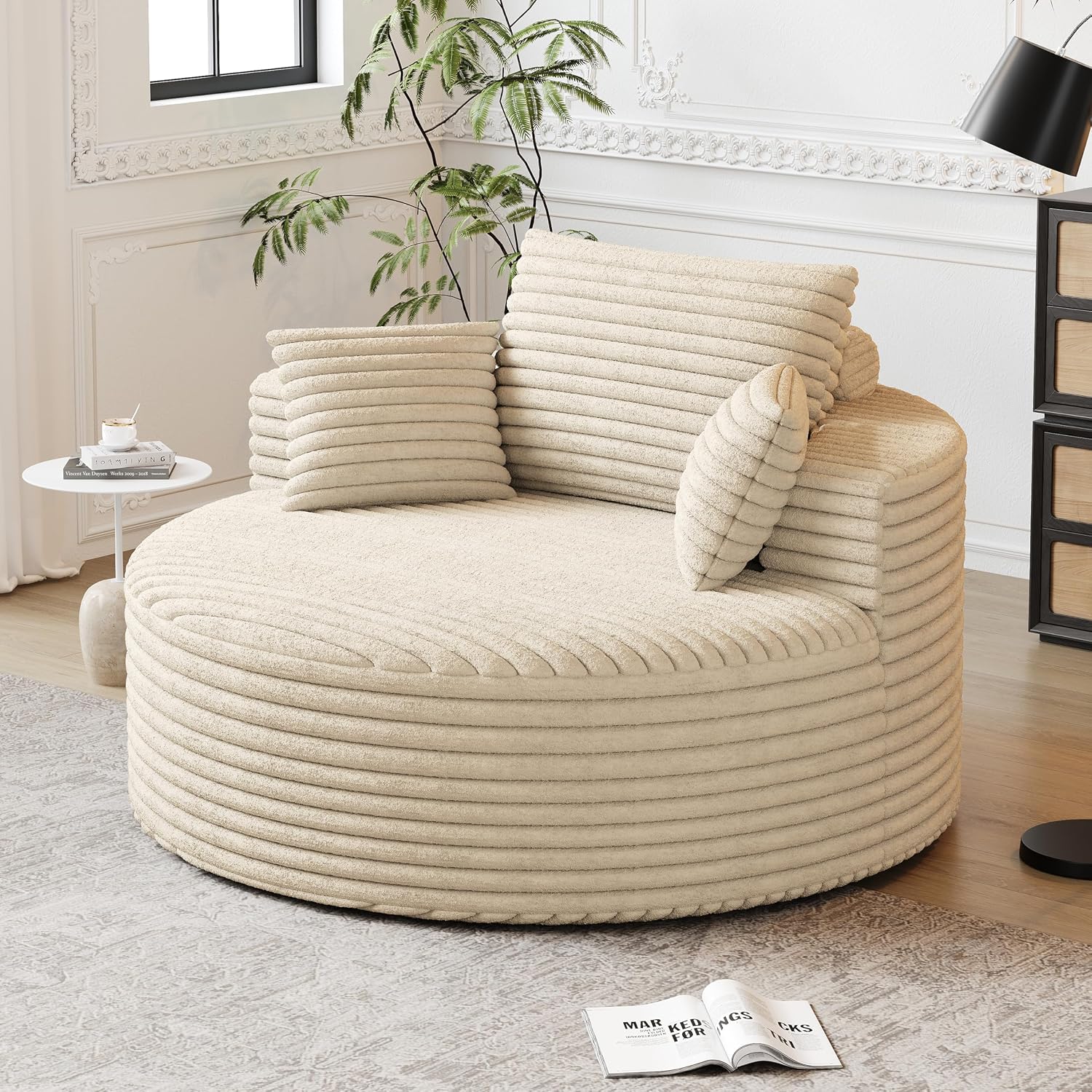 50" Oversized Round Chaise Lounge Indoor, Upholstered Corduroy Sofa Bed with Deep Seat, Single Circle Sofa Chair for Living Room, No Assembly Required.(Not a Swivel Chair) (Beige)