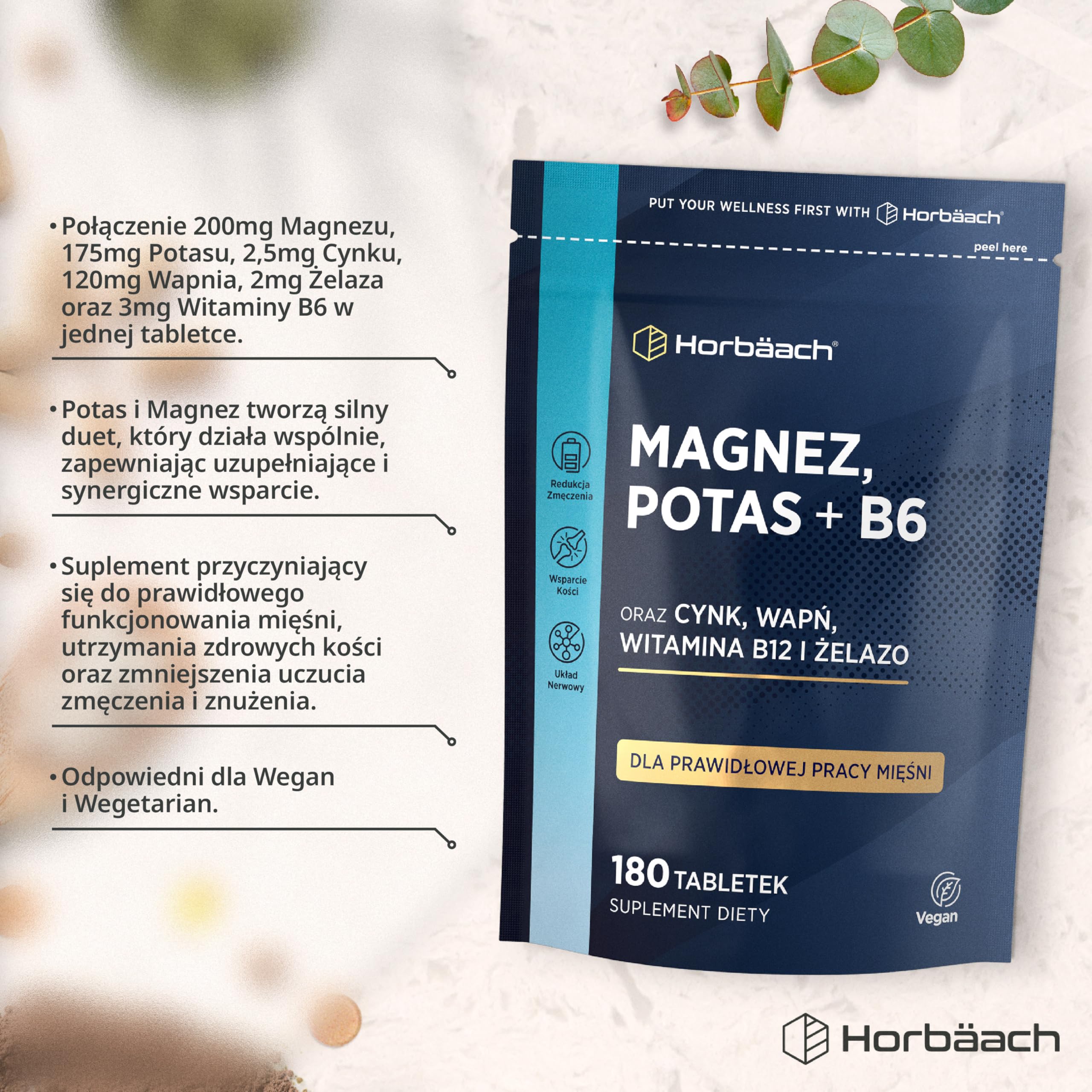 Magnez, Potas i Witamina B6 w Tabletkach | Kompleks z Cynkiem, Wapniem, Witaminą B12 i Żelazem | Kompleks Witamin i Minerałów | 180 Wegańskich Tabletek - Zapas Na 6 Miesięcy | marki Horbaach