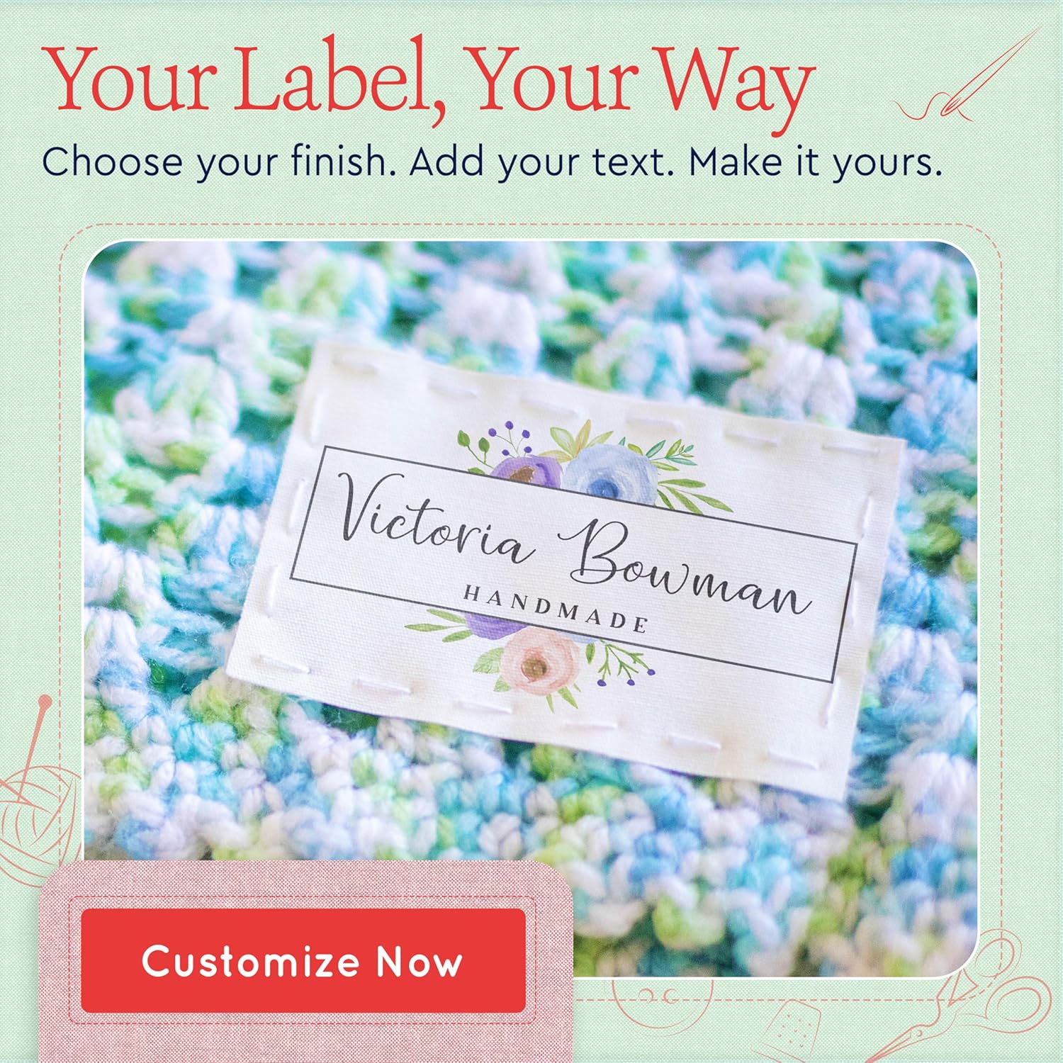 2”x3” Personalized Quilt Labels, Set of 12 labels, Custom Cotton Fabric Tags – Sew On or Iron On – Ideal gift for Quilters, Knitters, and Crafters – Machine Washable sewing labels - watercolor flowers