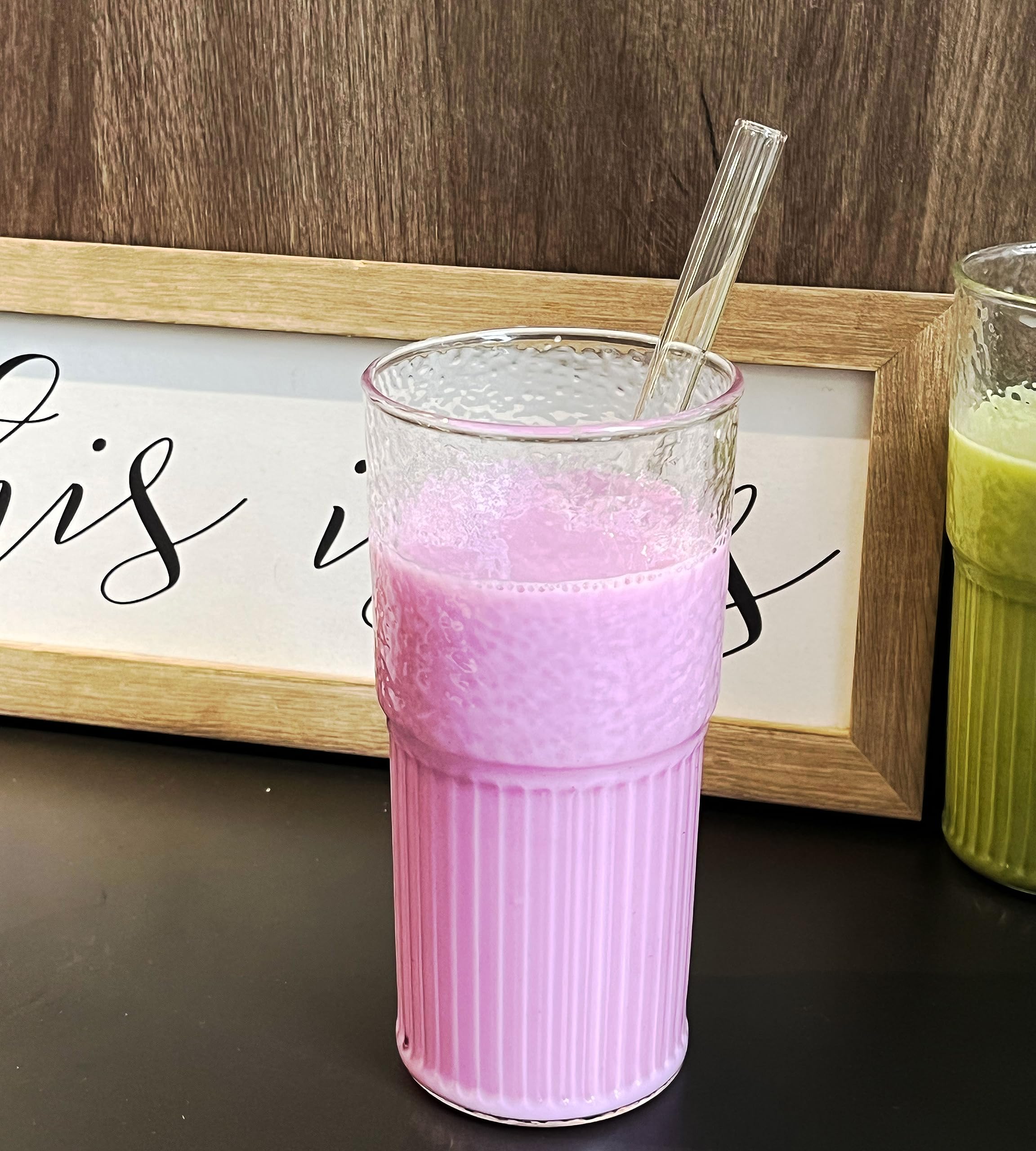 ANOTION Tasses en verre – Tasses à café glacé de 650 ml – Tasse à café glacé réutilisable – Gobelet à smoothie – Verres à eau nervurés – Pour le travail à la maison – Tasse à café de voyage – Ensemble