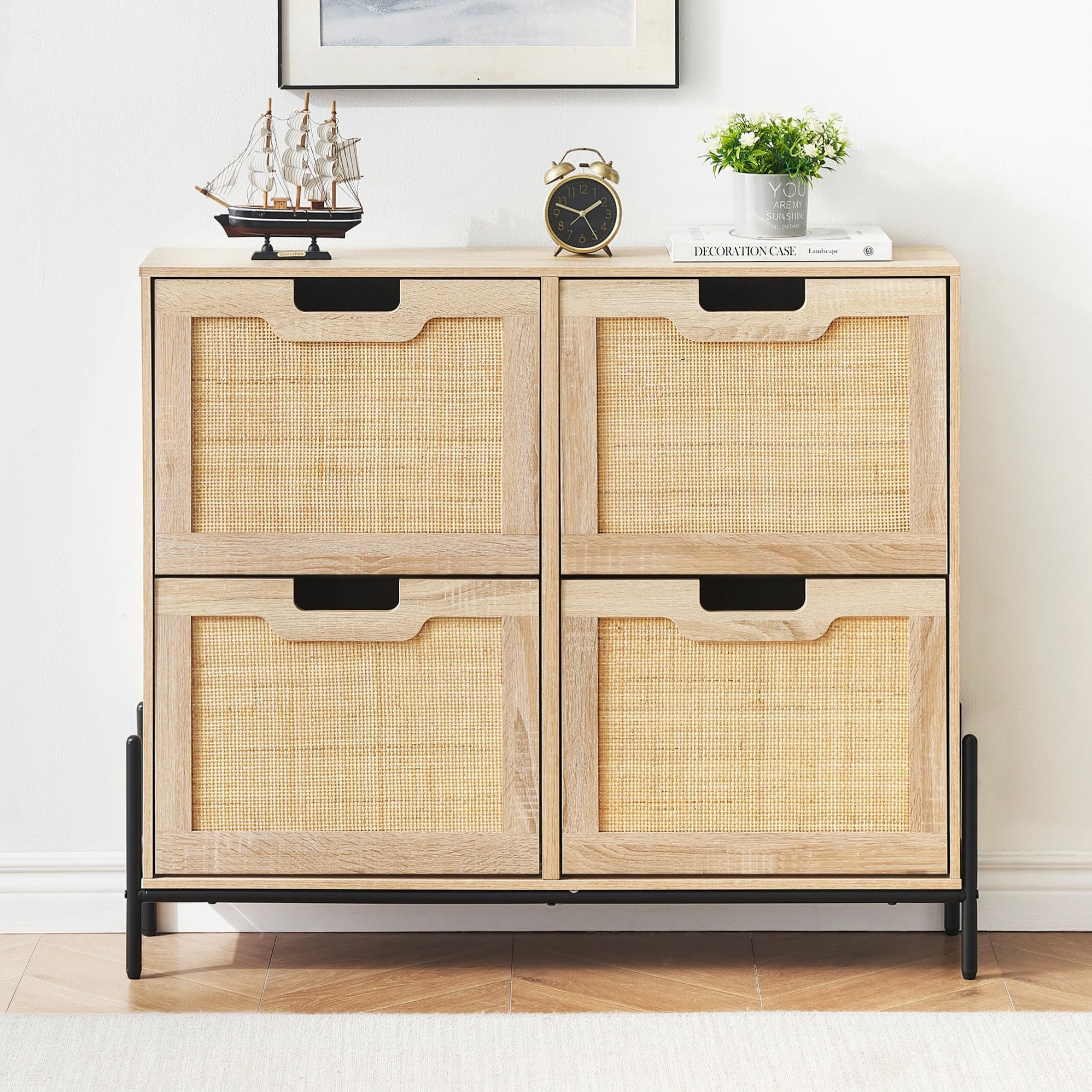 4 Flip Drawers Shoe Storage Cabinet, Rattan Shoe Organizer with Metal Legs, Freestanding Narrow Shoe Rack Cabinet for Entryway, Oak