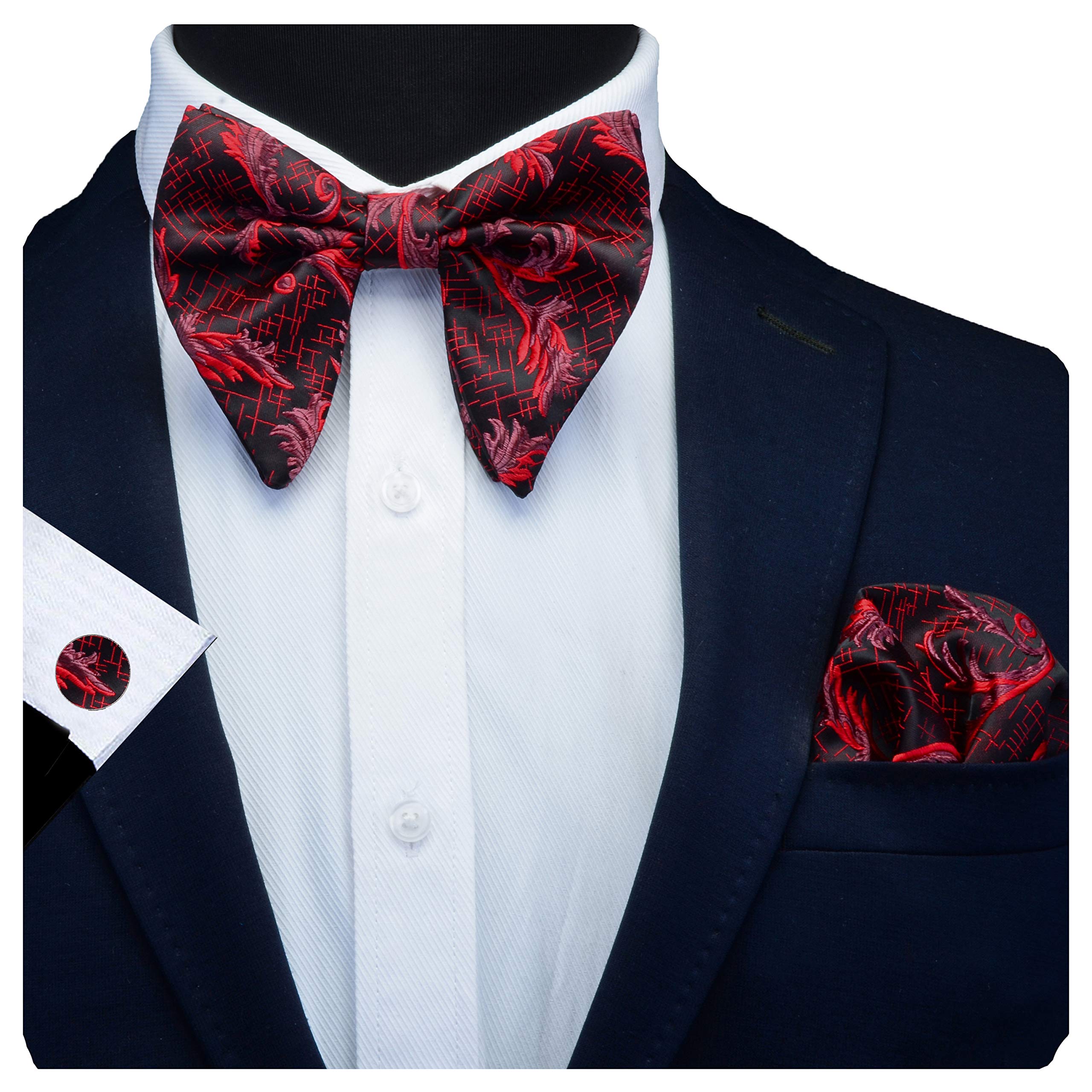 Gusleson Flora Silk Red Bow Ties for Men Black Pre-tied Big Bowtie and Pocket Square Cufflink Set (UK0617-04)