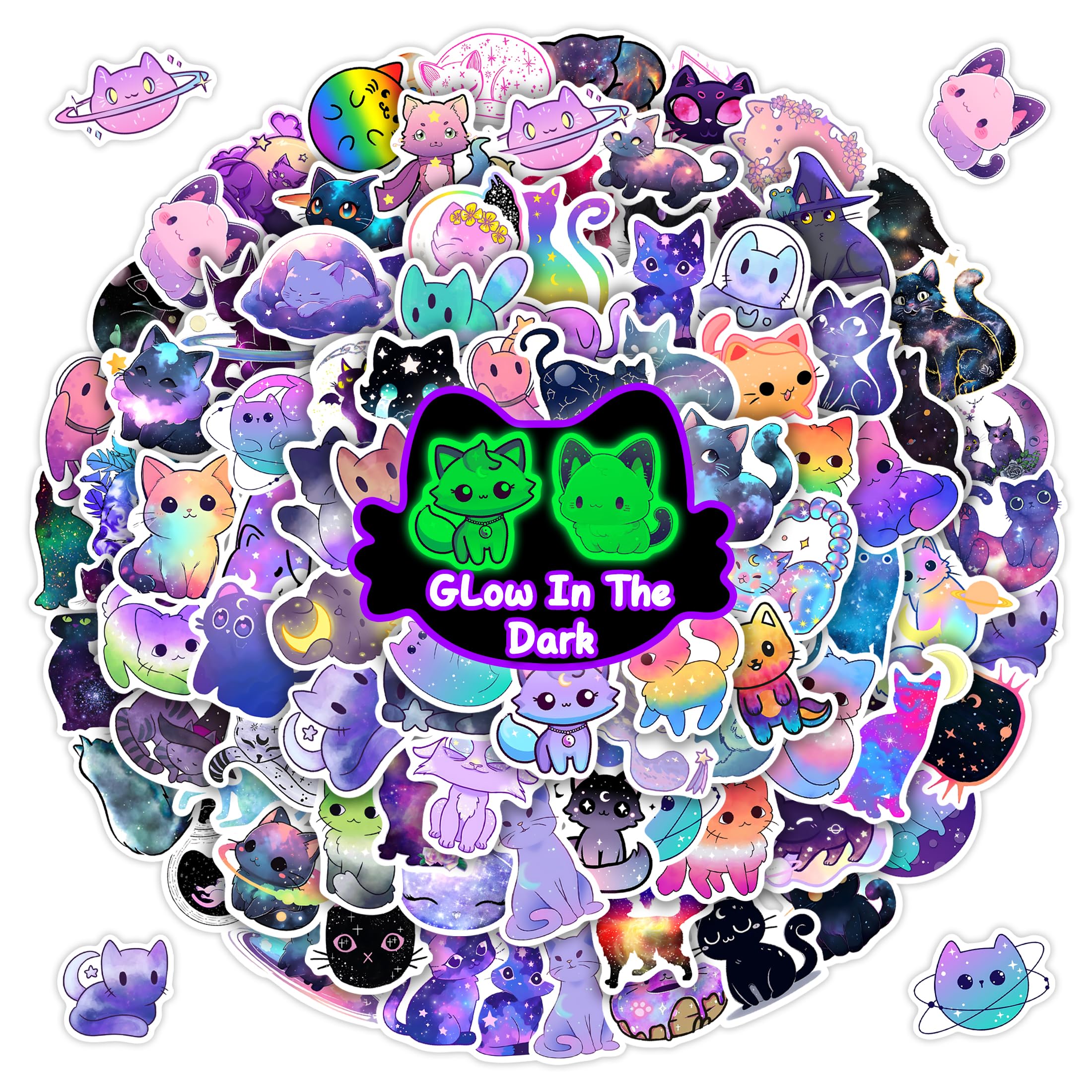 Robmoda 102 Pcs Glow in The Dark Kids Cartoon Rainbow Cat Water Bottle Stickers, Cute Cat Animal Waterproof Vinyl Laptop Decals, Teens Boys Girls Adults Phone Case Luggage Handbook Decorative Sticker