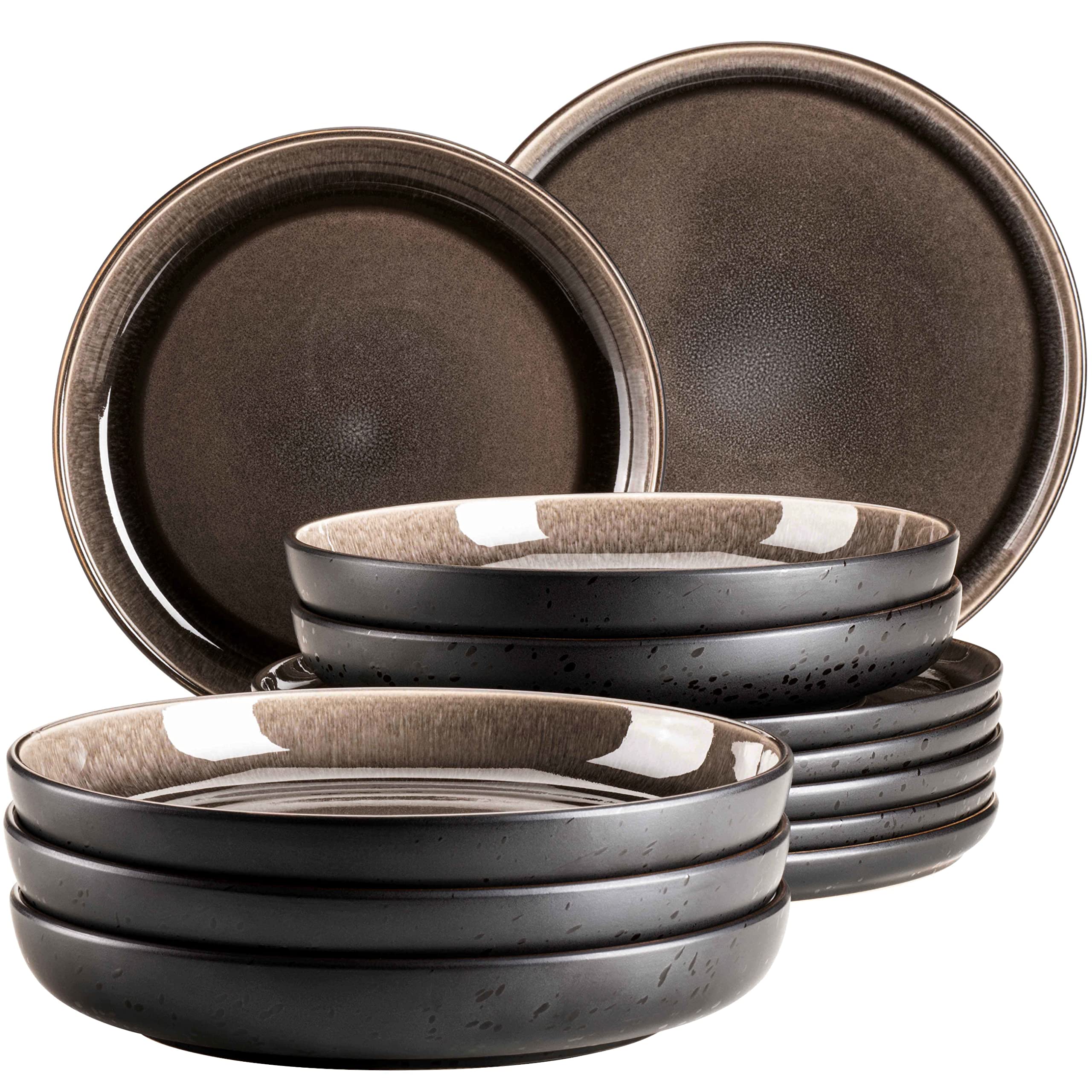 MÄSER Niara 934021, Modern Plate Set for 6 People in Exciting Vintage Look, 12-Piece Ceramic Dinner Service in Grey and Black, Stoneware