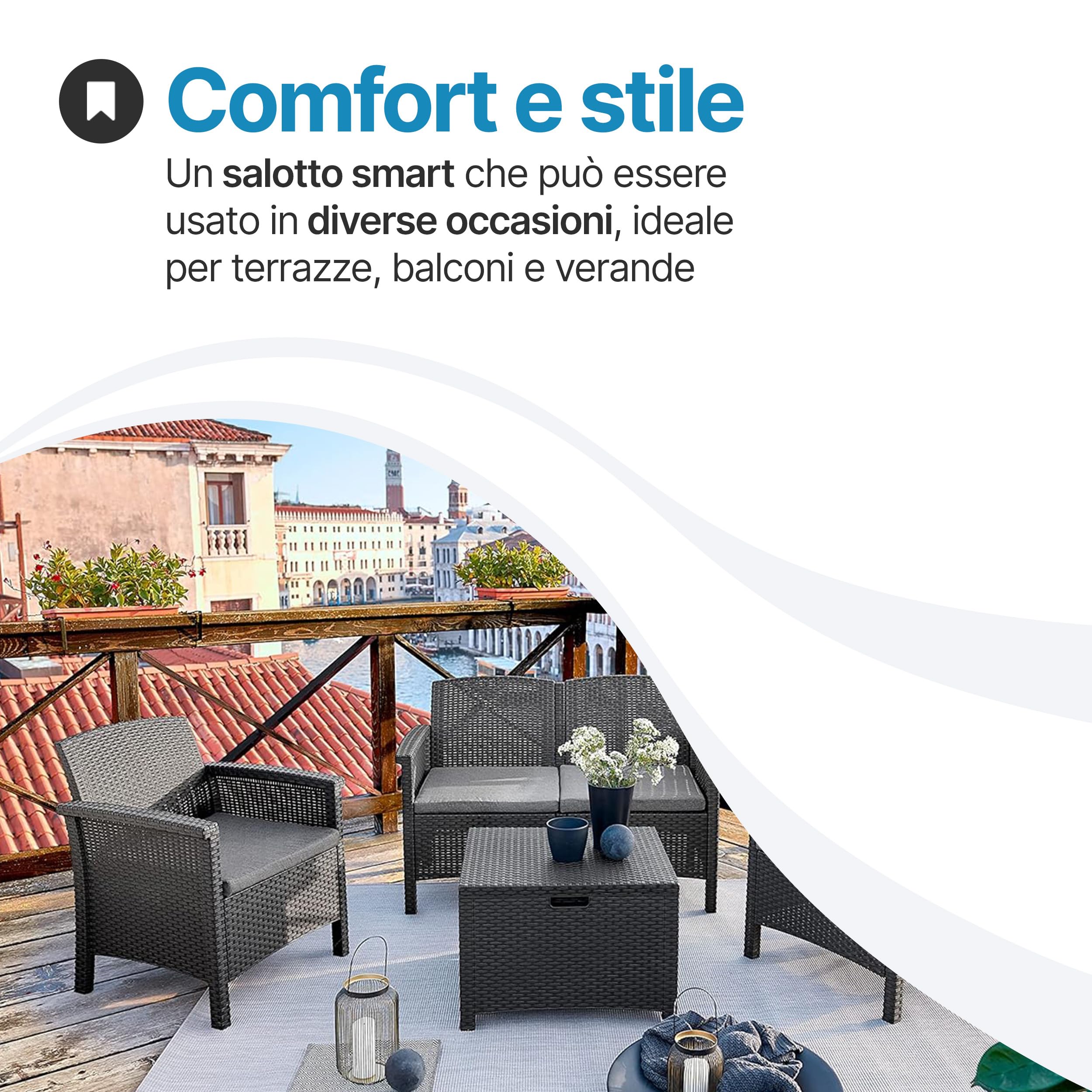 Tomaino - Salotto Da Giardino Esterno Stile Rattan - Set Salotto Da Esterno in Polipropilene Impermeabile e Idrorepellente - Salottino Giardino Nero