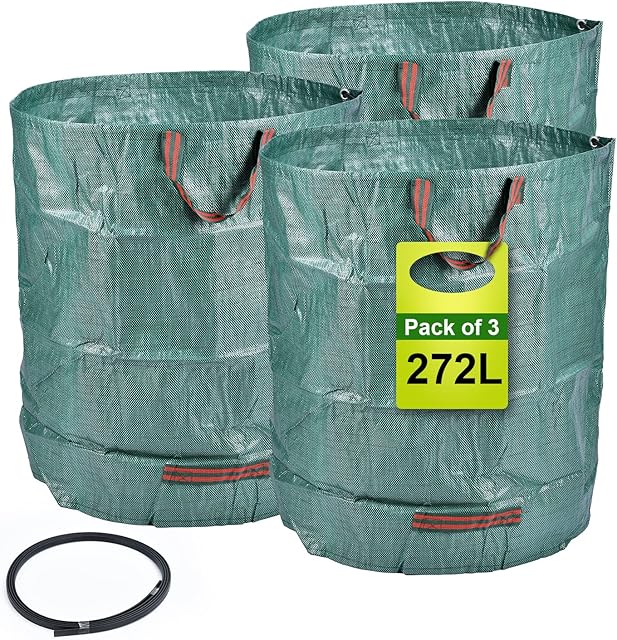 Garden Waste Bags, 3PCS 272L Heavy Duty Garden Bags with Handles Large Strong Garden Sacks Reusable Green Leaf Bags for Garden Yard