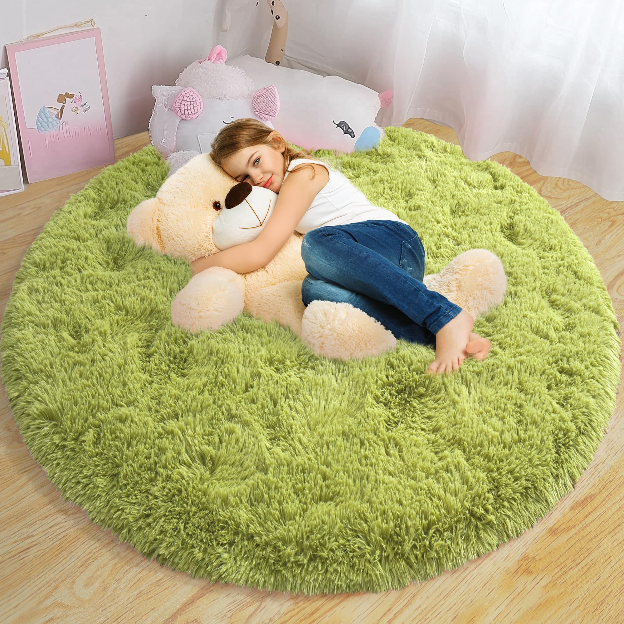 Xexsin Round Fluffy for Bedroom Rugs, 4Ft Green Shag Circle Rug Non-Slip for Kids Girls Boys Bedroom Dorm Nursery Playroom, Soft Cute Area Rugs for