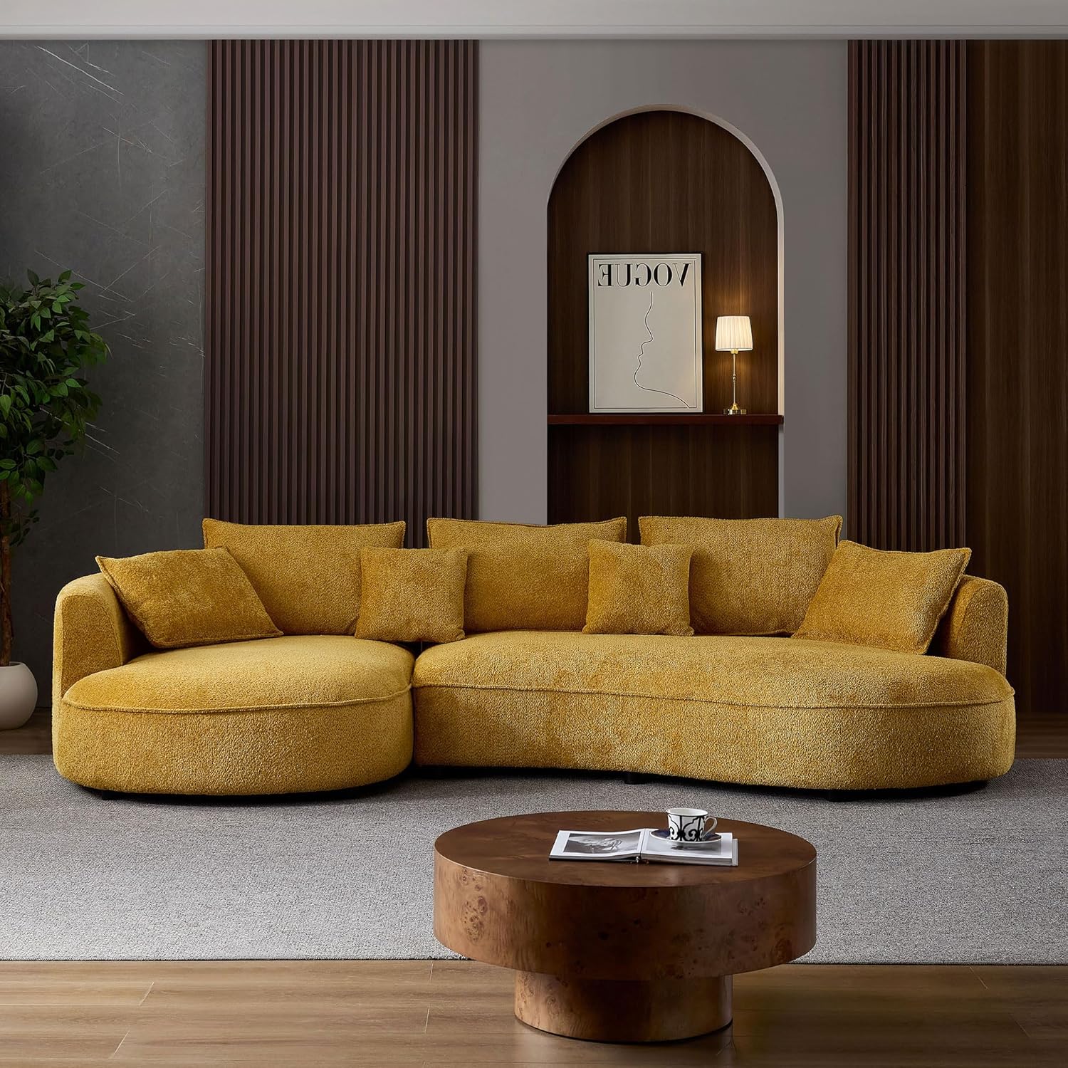 124.8 inch Sofa Couch Modern Curved Cloud Round Sectional Couches Comfy with Pillows Luxury Chaise L Shape Upholstery for Living Room Apartment Yellow Left Hand Facing