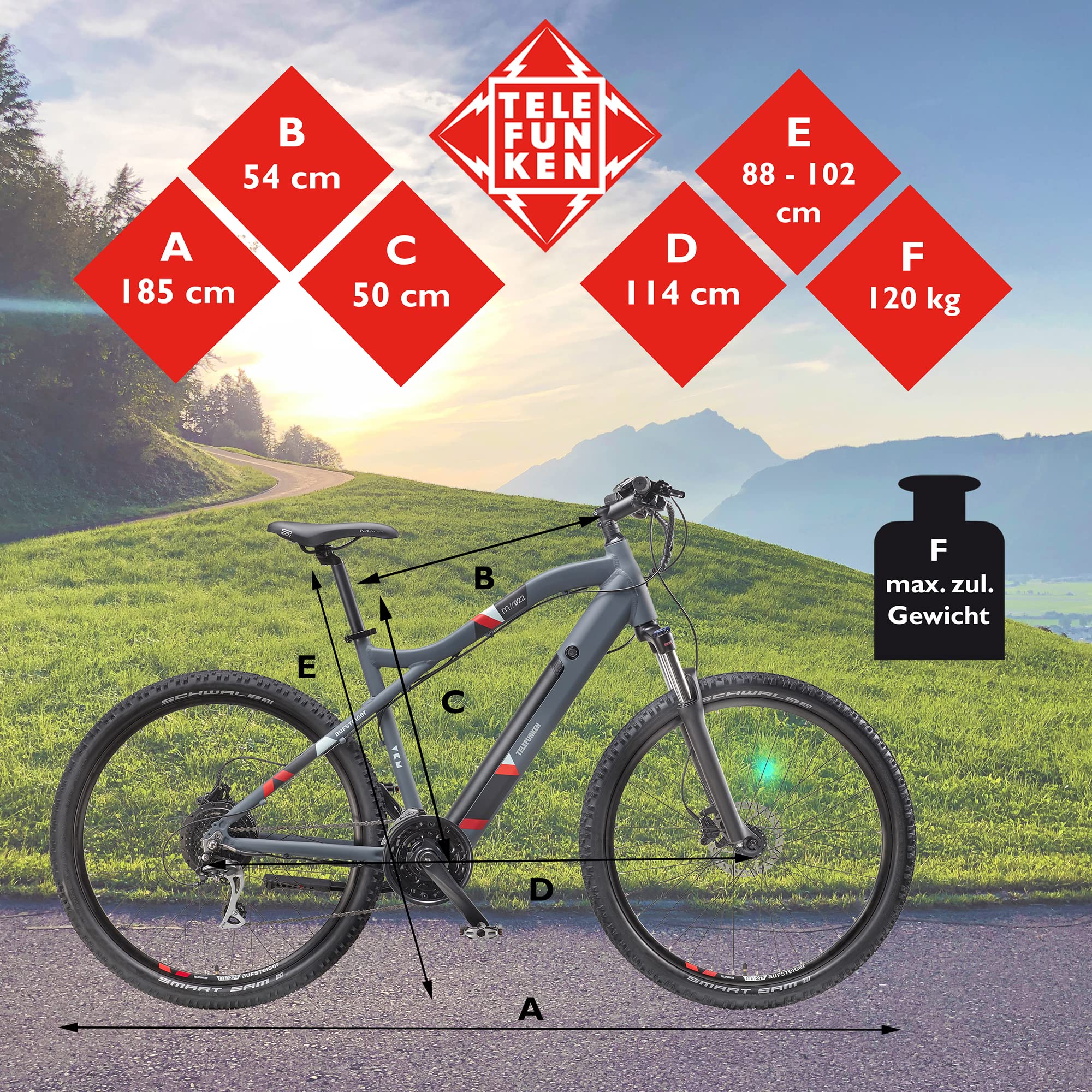 TELEFUNKEN E-Bike Mountainbike Elektrofahrrad Alu, 24 Gang Kettenschaltung - Pedelec MTB 27,5 Zoll, Hinterradmotor 250W, Scheibenbremsen, Grau, Aufsteiger M922