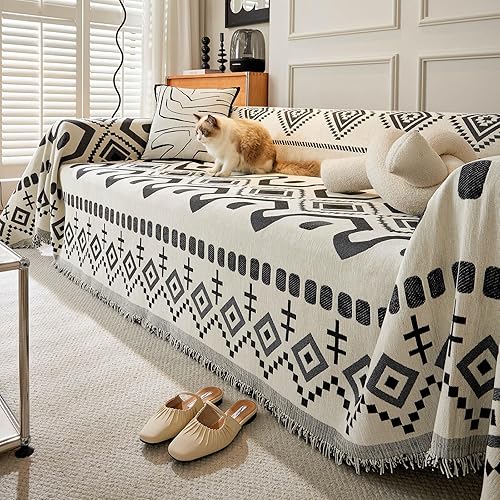 Miniatura 3 de STACYPIK Funda de sofá moderna con diseño geométrico de felpilla suave con perros aztecas, color negro, funda bohemia en forma de L, lavable,