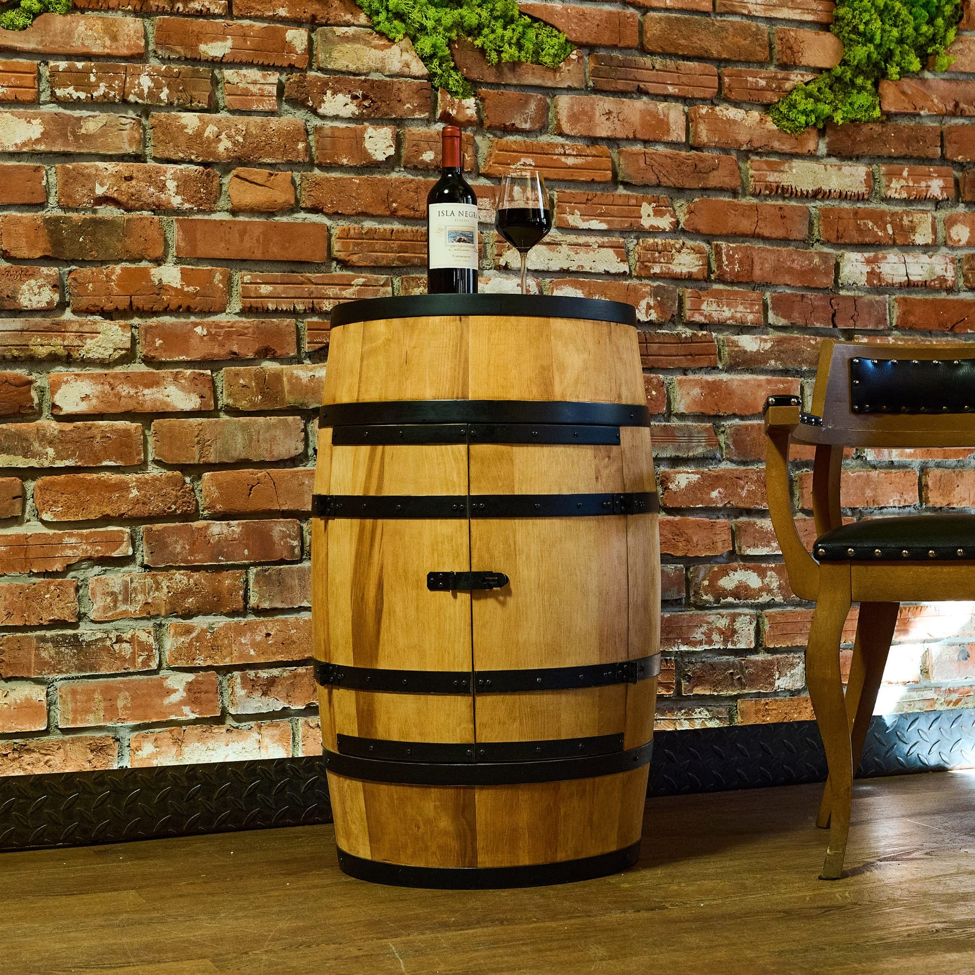 CREATIVE COOPER Tonneau à vin avec porte, chaise longue et étagère - Armoire à alcool - Étagère à bouteilles - Tonneau en bois - Meuble à vin - Étagère à vin - Casier à vin - 80 cm - Chêne