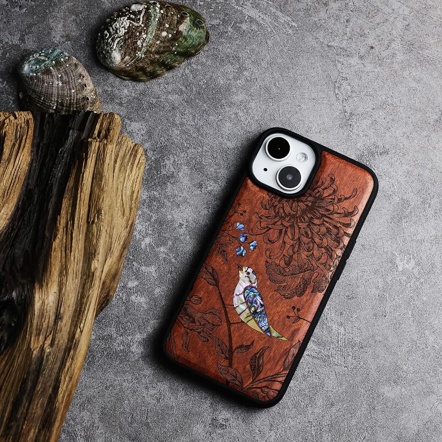 Carveit Wooden Case for iPhone 15 Magnetic Case, Compatible with MagSafe Wireless Chargers, Shockproof Cover, Handmade Shell Inlaid & Wood Artisan Engraved (Flowers and Bird) Rosy